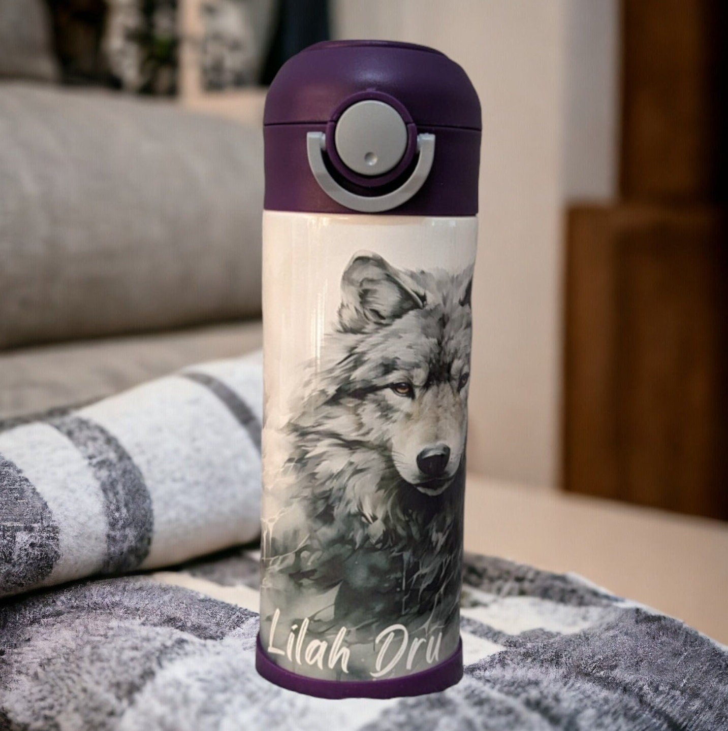 Kids Wolf Water Bottle 12oz With Reusable Straw Can Be Personalized