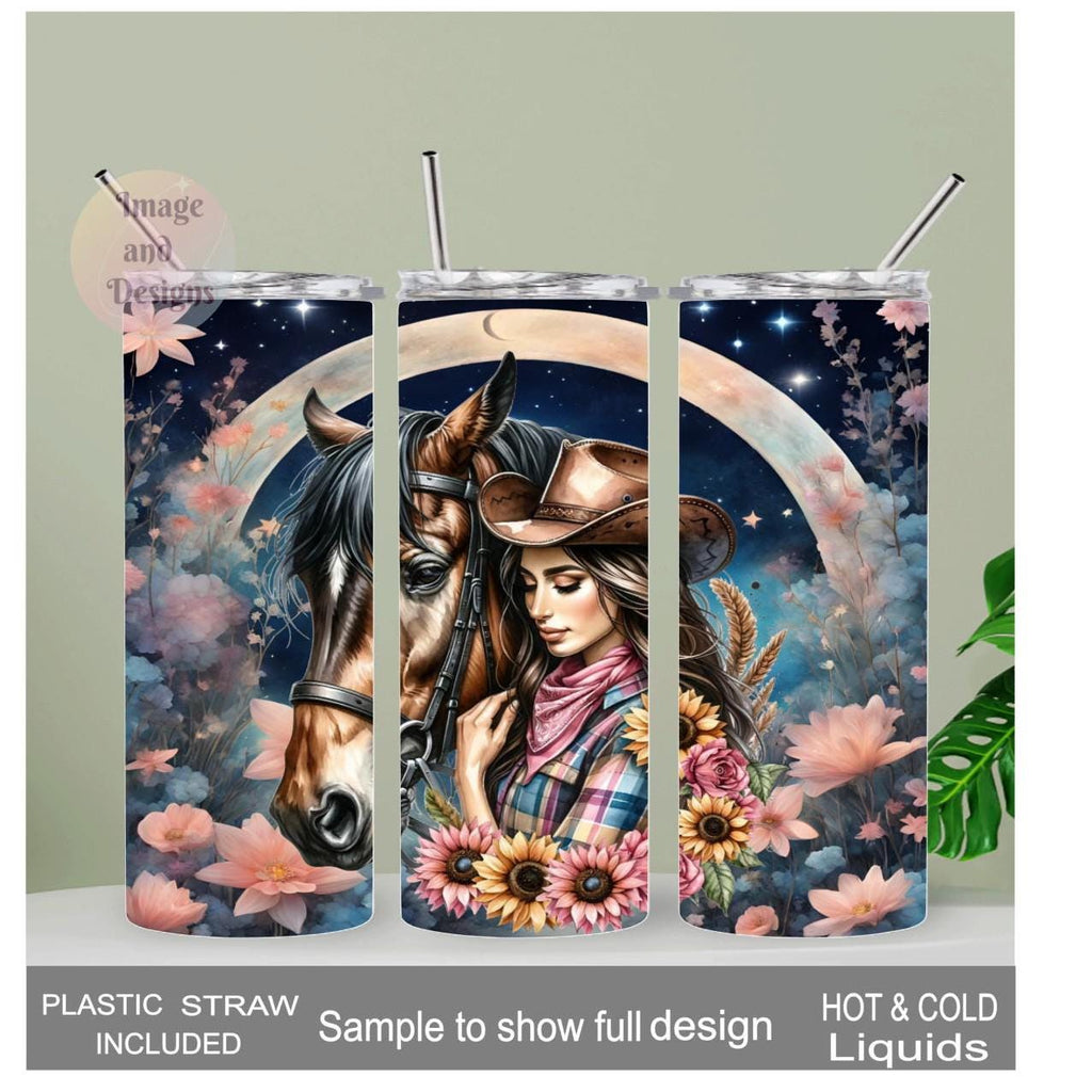 Cowgirl Tumbler with Her and Her Horse 20oz With Reusable Straw, Can Be Personalized