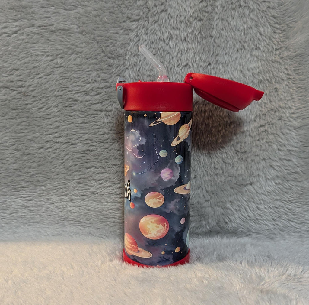 Kids Space Water Bottle With A Planet Design 12oz With Reusable Straw Can Be Personalized