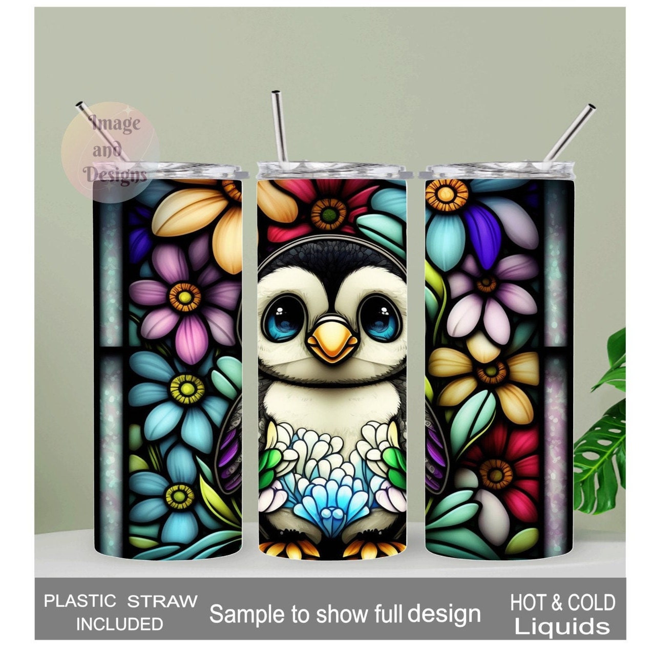 Penguin Tumbler With a Stained Glass Design 20oz With Reusable Straw, Can Be Personalized