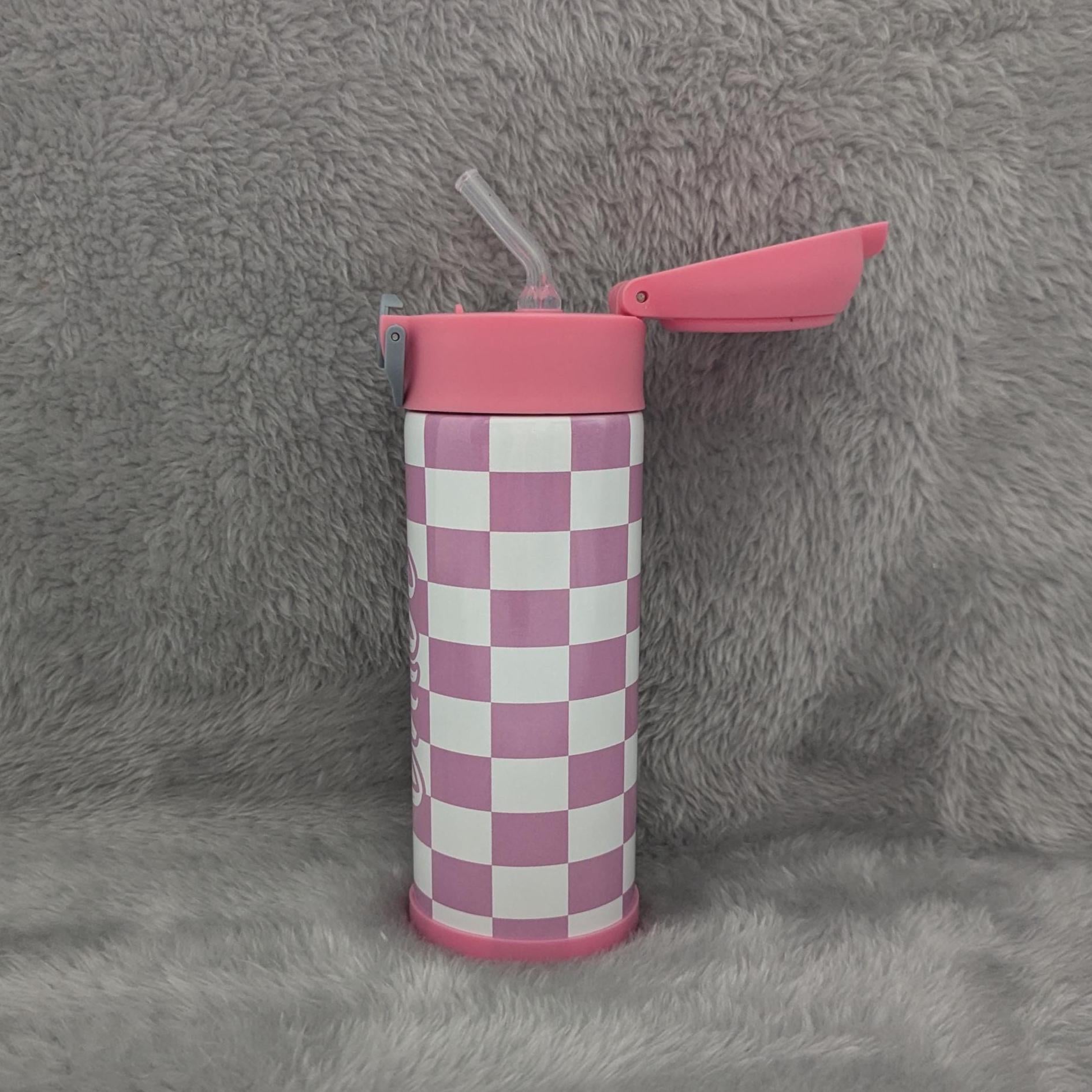 Kids Checkered Water Bottle 12oz With Reusable Straw Can Be Personalized