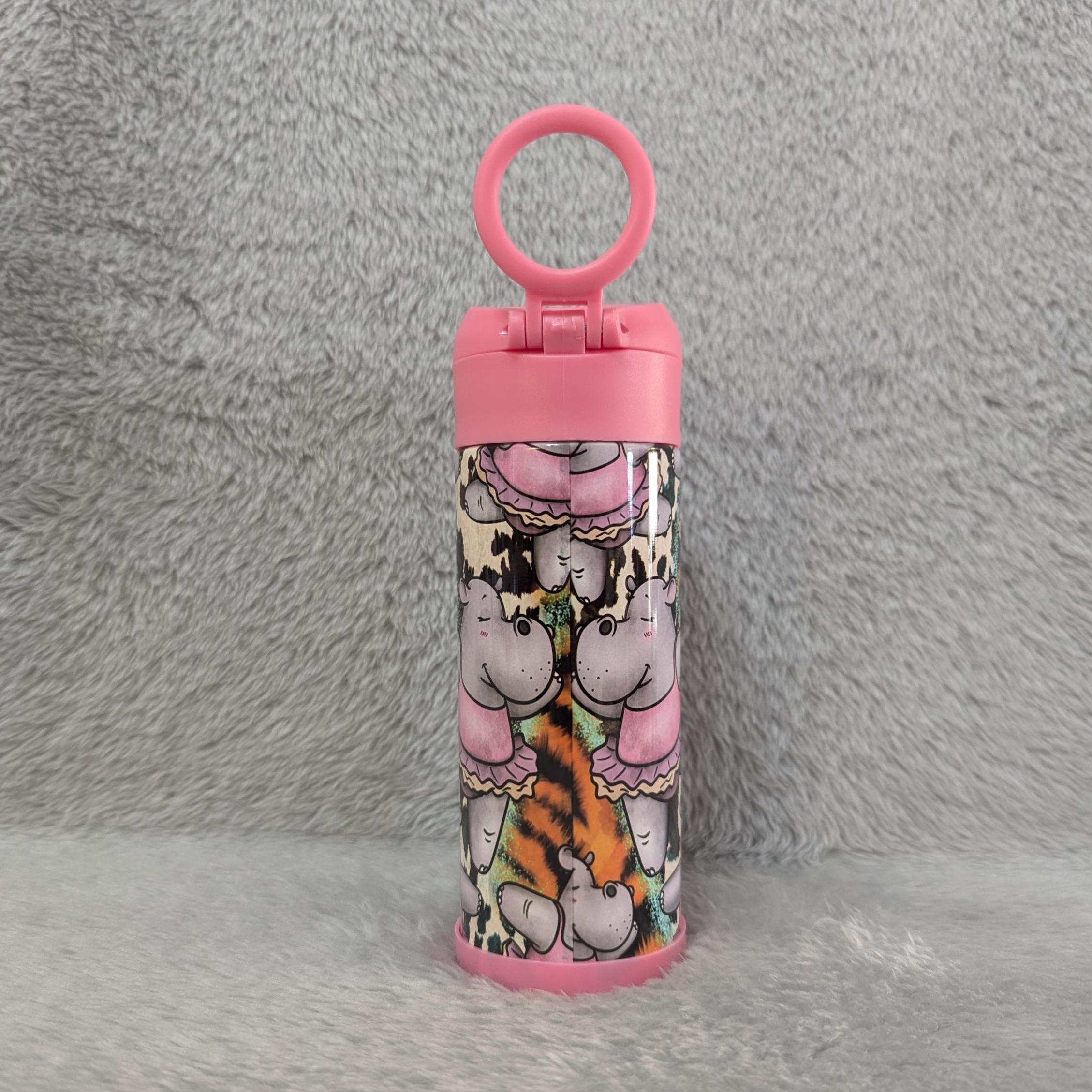 Kids Hippo Water Bottle 12oz With Reusable Straw Can Be Personalized