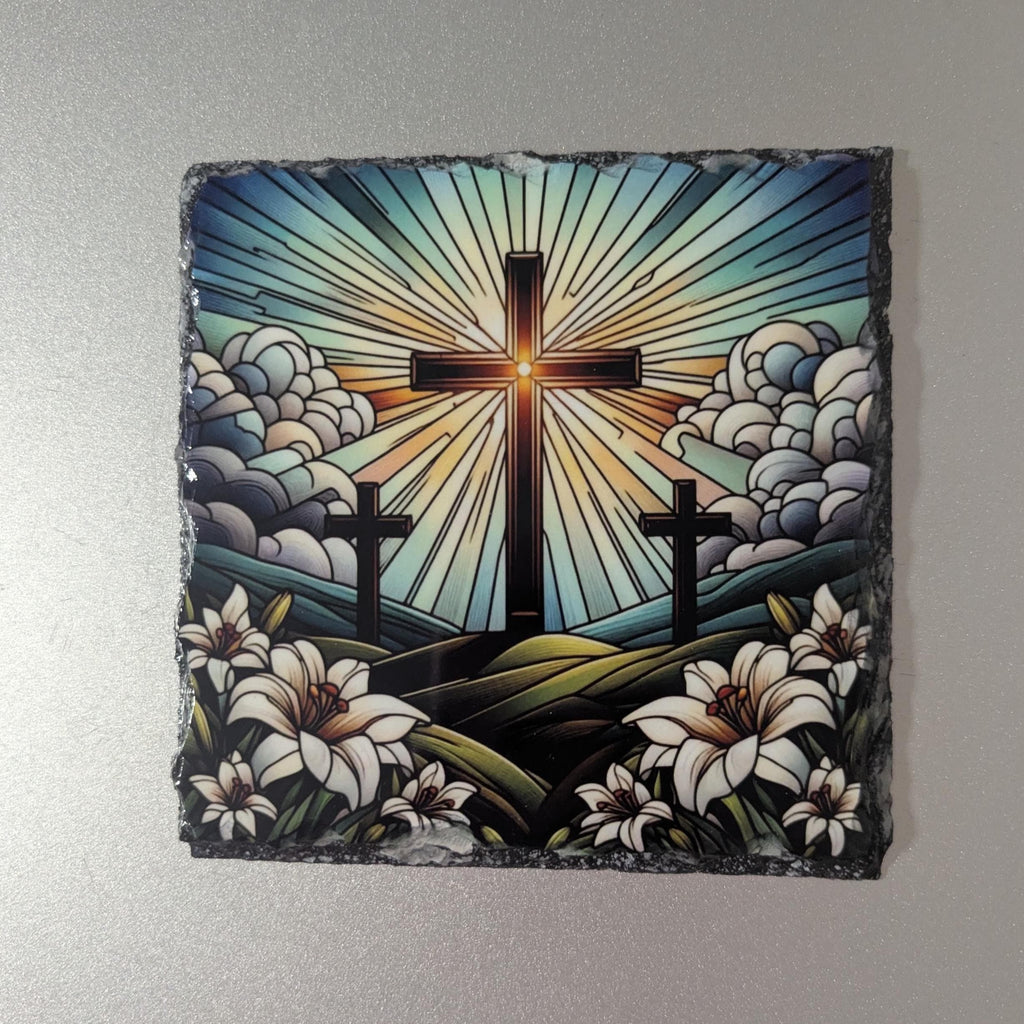 Cross With White Lily Flowers Slate Picture With Display Legs