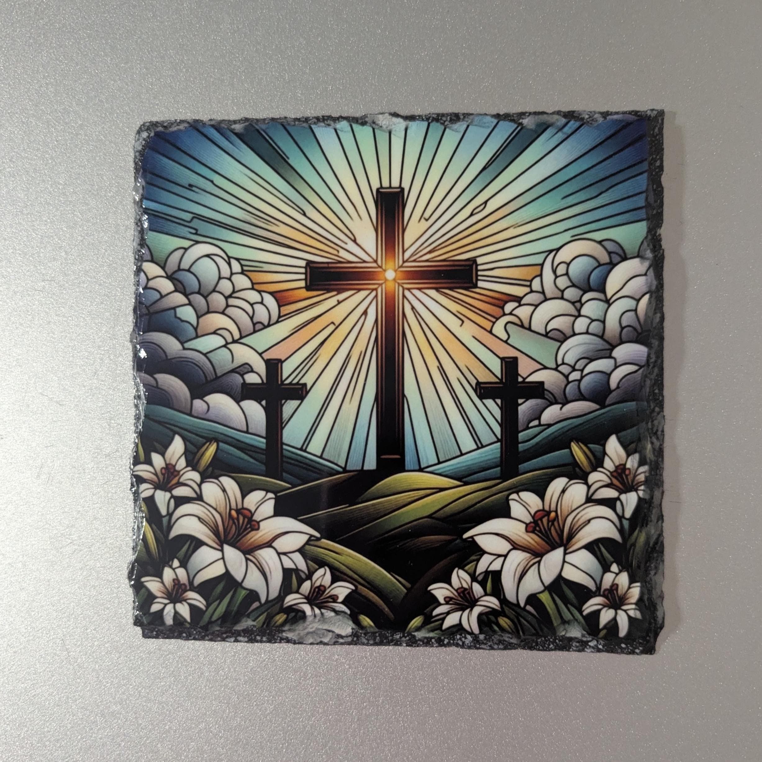 Cross With White Lily Flowers Slate Picture With Display Legs