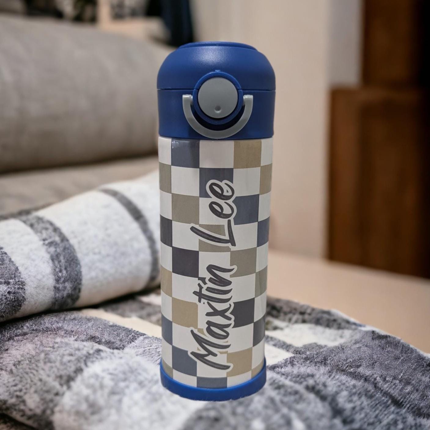 Kids Checkered Water Bottle 12oz With Reusable Straw Can Be Personalized