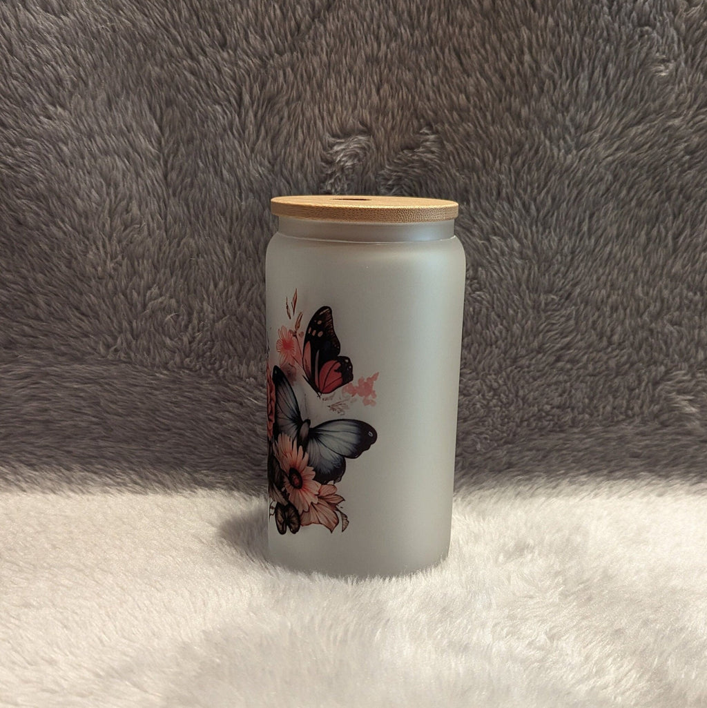 16oz Frosted Butterfly Glass With A Bamboo Lid and Reusable Straw