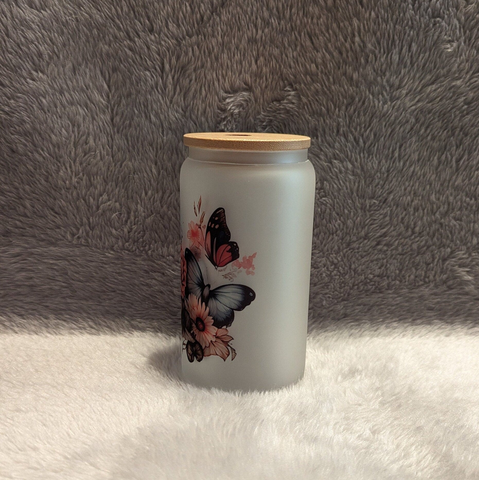 16oz Frosted Butterfly Glass With A Bamboo Lid and Reusable Straw