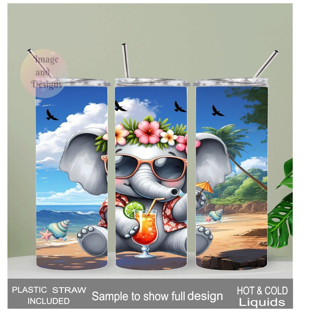 Beach Elephant Tumbler 20oz With Reusable Straw, Can Be Personalized