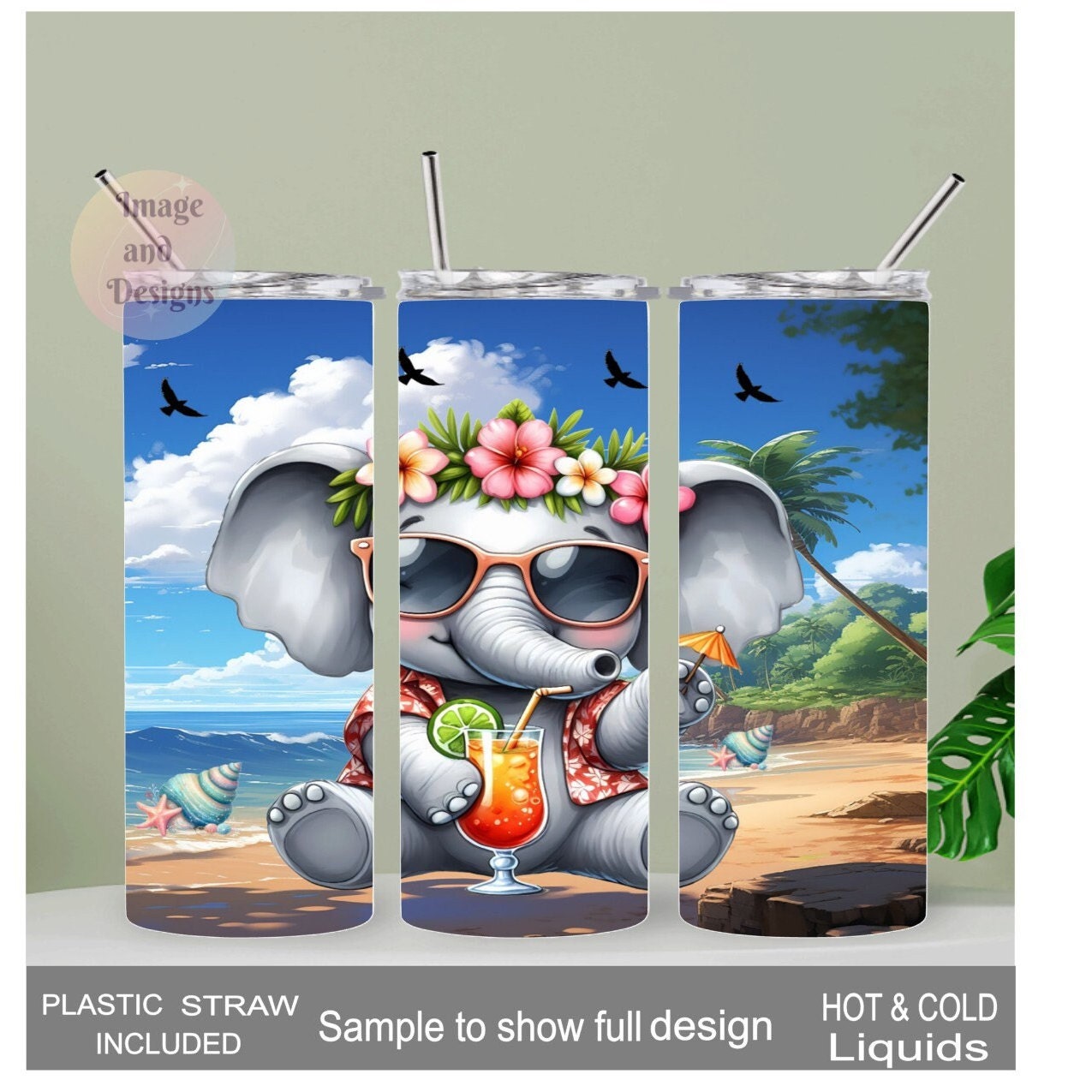 Beach Elephant Tumbler 20oz With Reusable Straw, Can Be Personalized