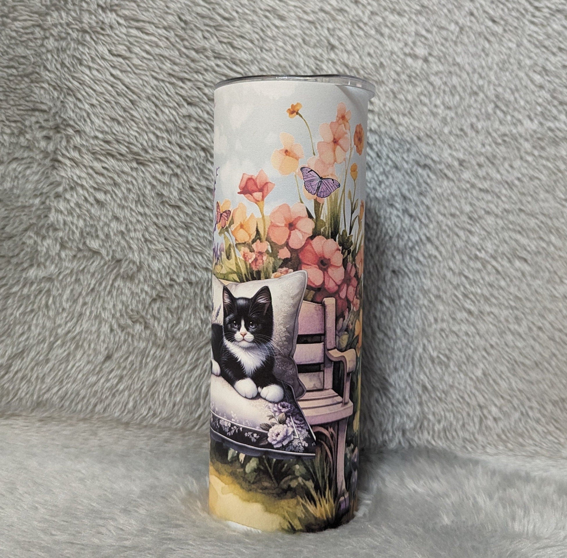 Cat Tumbler With A Cute Kitten Resting on A Bench 20oz With Reusable Straw, Can Be Personalized