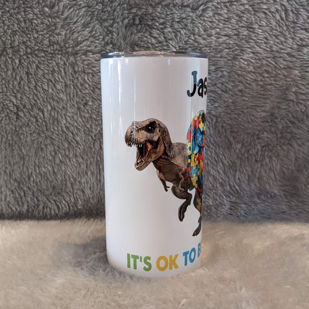 It's Okay To Be Different Kids Autism Dinosaur Tumbler 15oz With Reusable Straw, Can Be Personalized