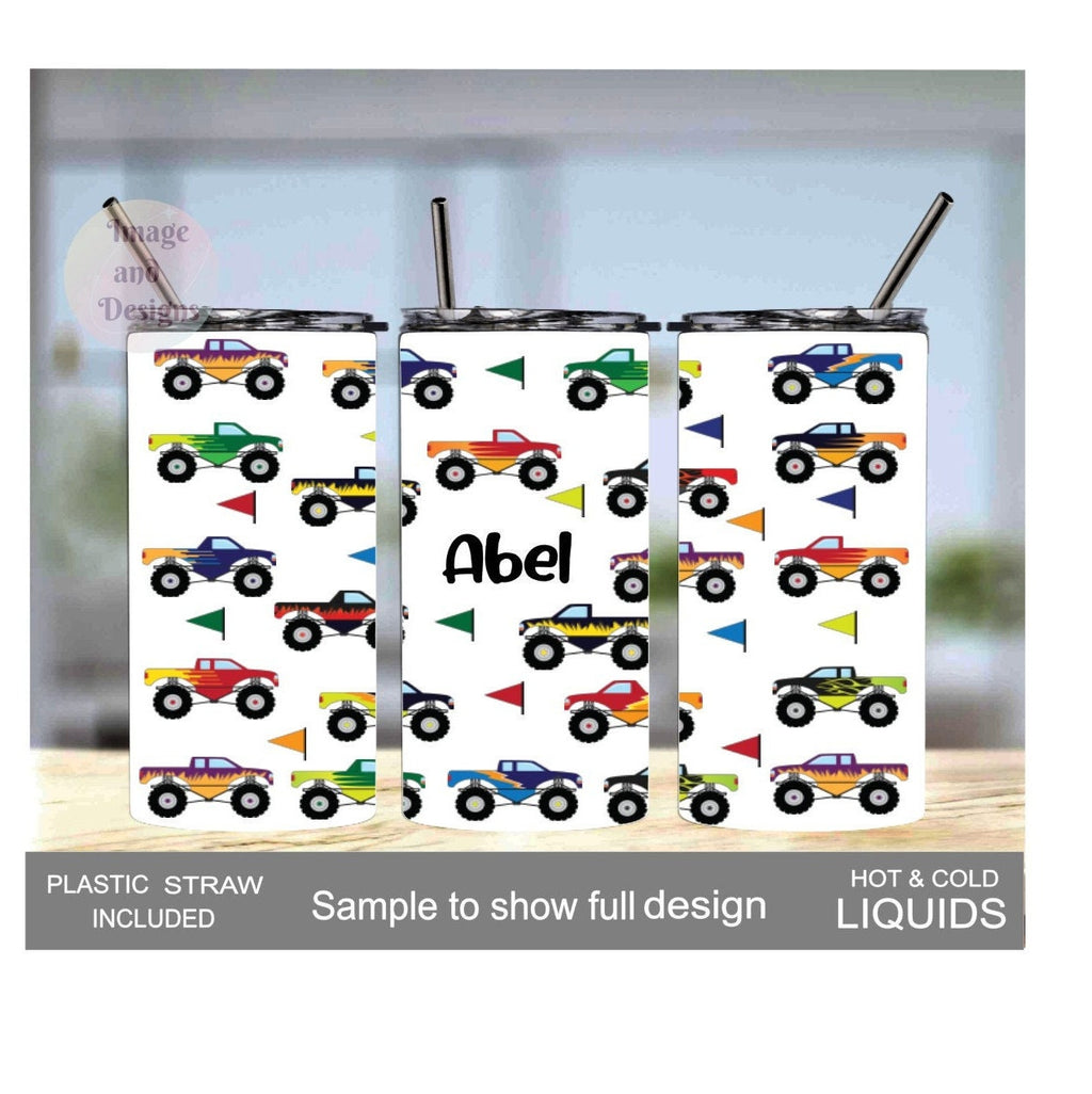Kids Monster Truck Tumbler 15oz With Reusable Straw, Can Be Personalized
