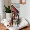 Horse Tumbler with Horses By the Barn and a Snow Scene Background 20oz With Reusable Straw, Can Be Personalized