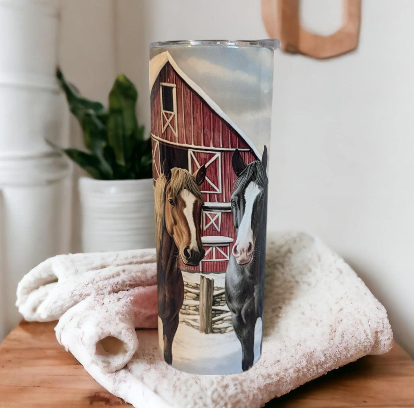 Horse Tumbler with Horses By the Barn and a Snow Scene Background 20oz With Reusable Straw, Can Be Personalized