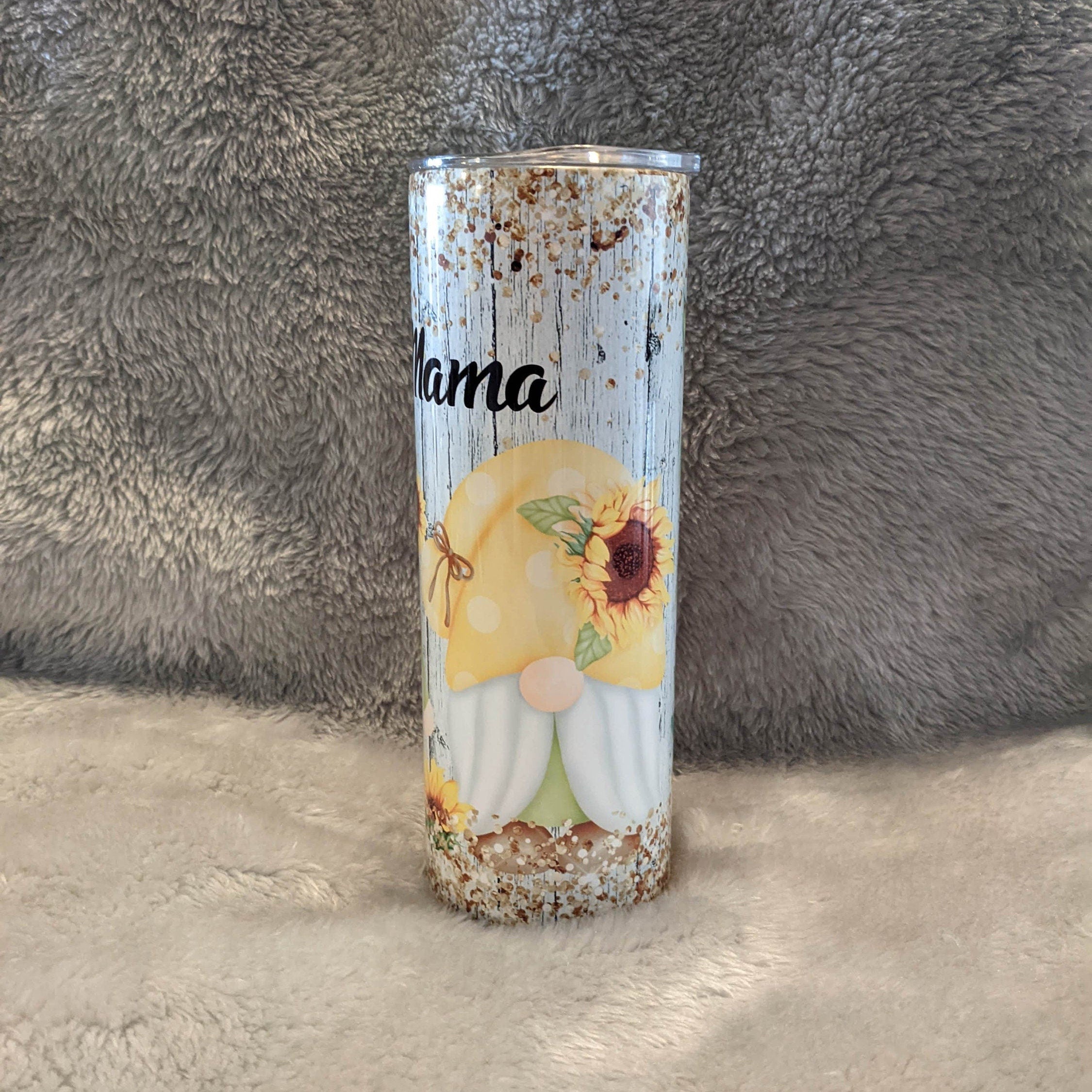 Cute Gnome With Sunflowers Tumbler 20oz With Reusable Straw, Can Be Personalized