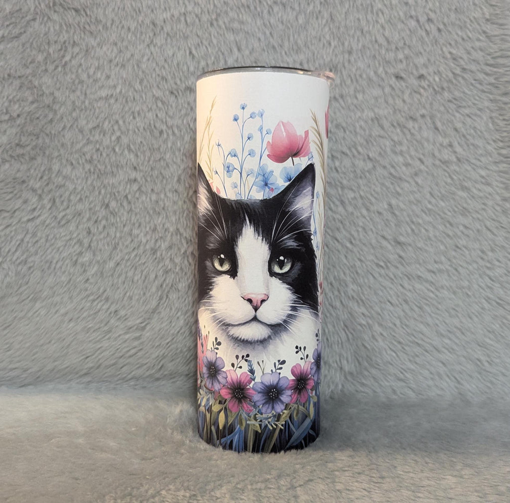 Floral Cat Tumbler 20oz With Reusable Straw, Can Be Personalized