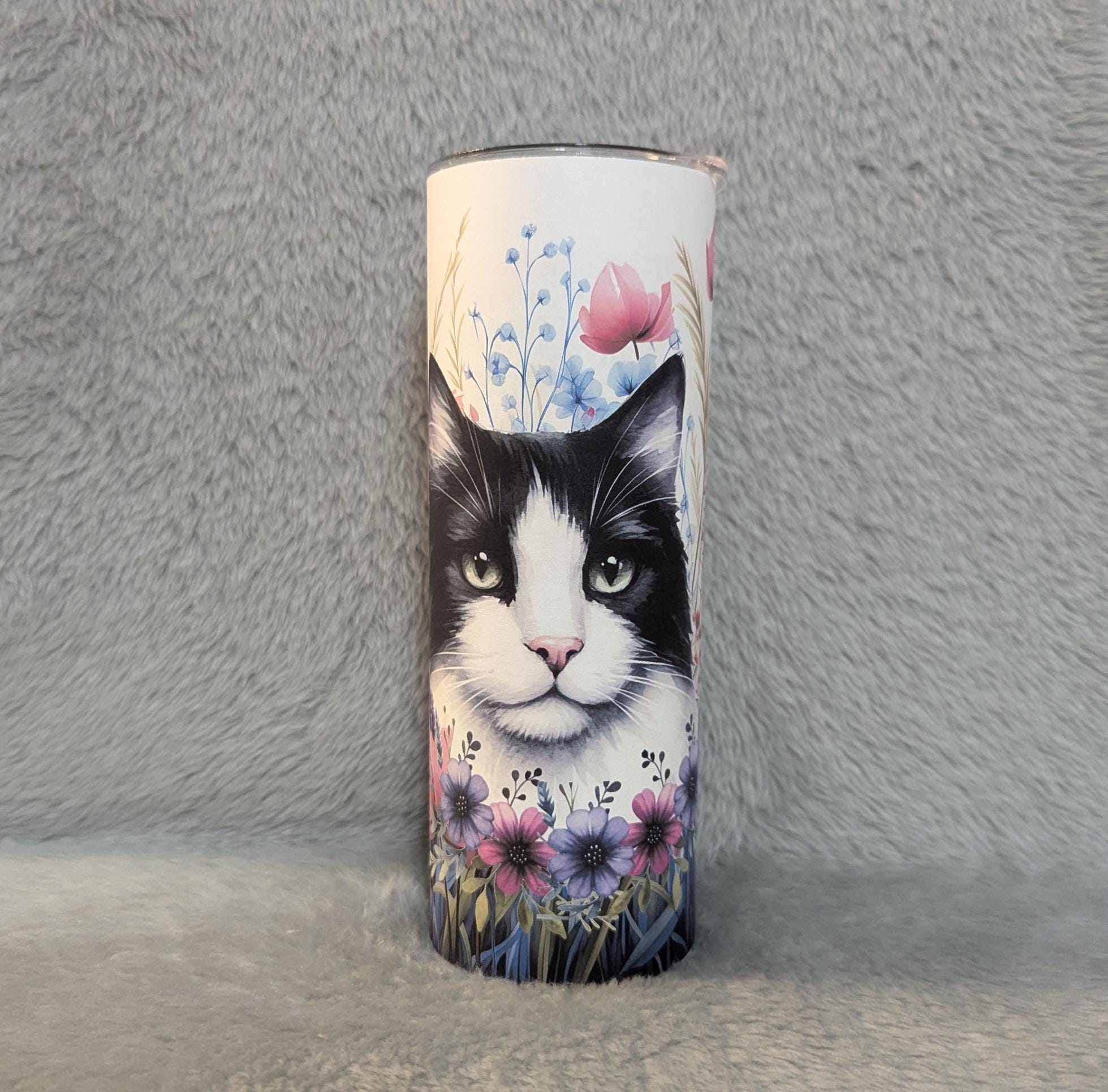 Floral Cat Tumbler 20oz With Reusable Straw, Can Be Personalized