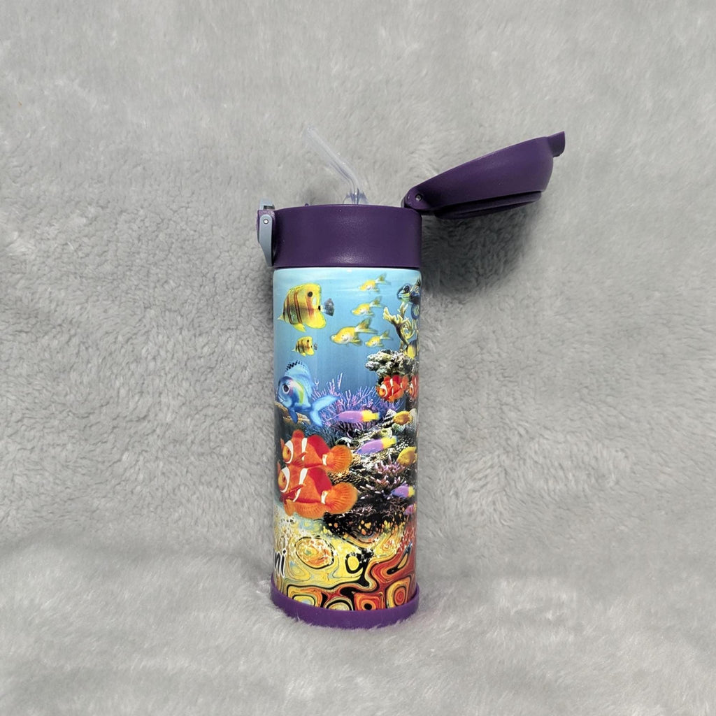 Kids Fish Aquarium Design Water Bottle 12oz With Reusable Straw Can Be Personalized