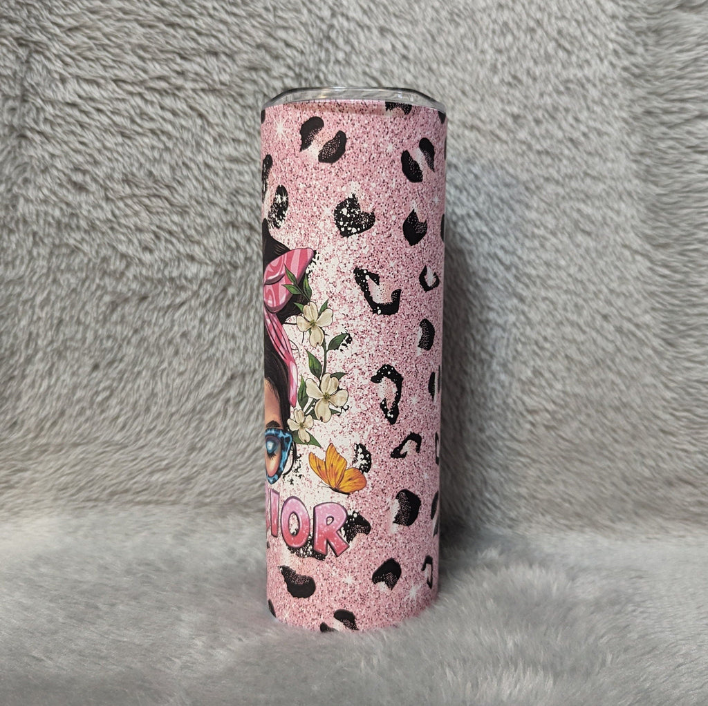 Cancer Awareness Warrior Mom Bun Tumbler 20oz With Reusable Straw, Can Be Personalized