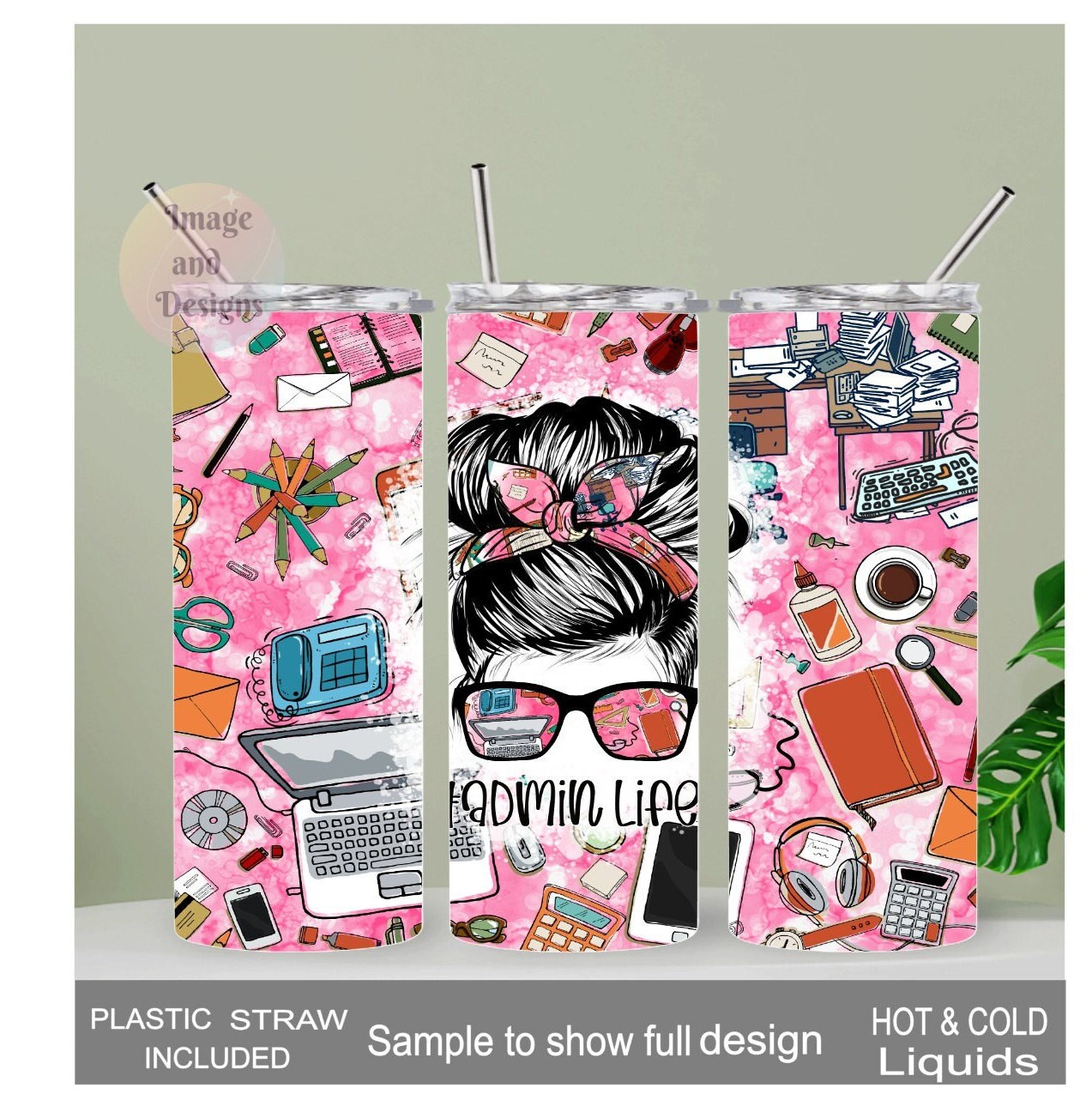 Admin Life Messy Bun Girl Tumbler 20oz With Reusable Straw, Can Be Personalized