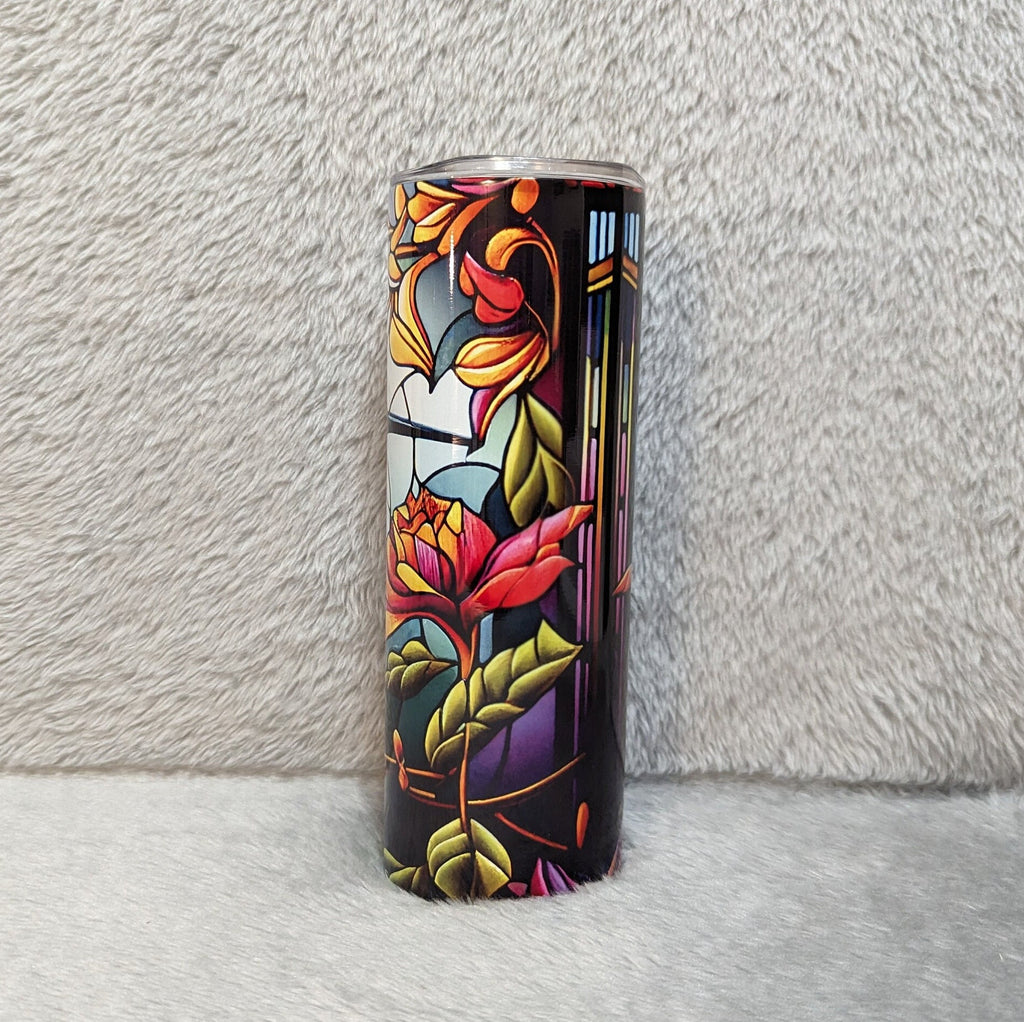 Colorful Hummingbird Tumbler With A Stained Glass Design 20oz With Reusable Straw, Can Be Personalized