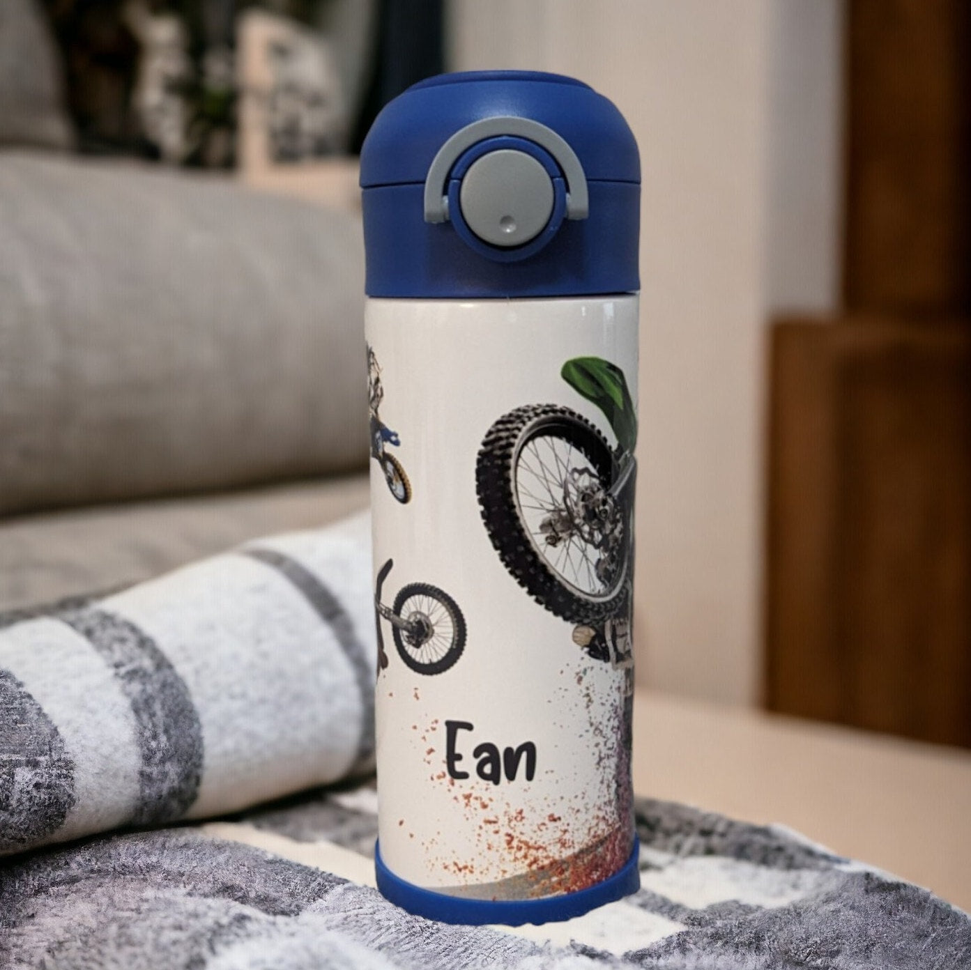 Kids Dirt Bike Water Bottle 12oz With Reusable Straw Can Be Personalized