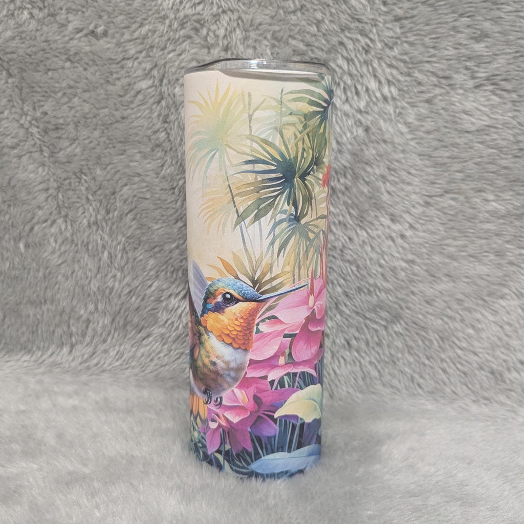 Colorful Hummingbird with Tropical Flowers Tumbler 20oz With Reusable Straw, Can Be Personalized