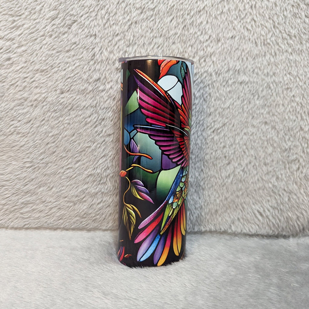 Colorful Hummingbird Tumbler With A Stained Glass Design 20oz With Reusable Straw, Can Be Personalized