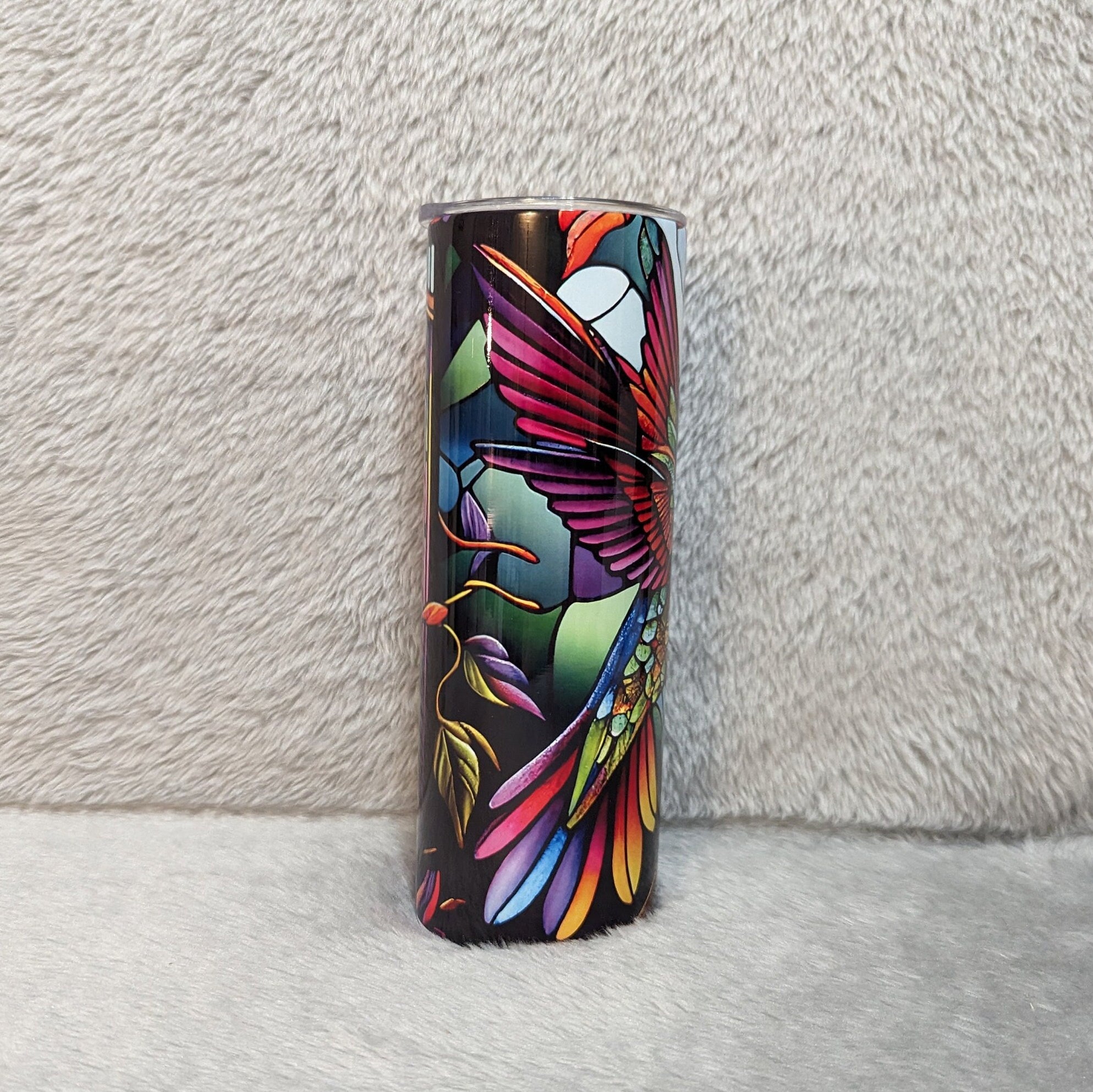 Colorful Hummingbird Tumbler With A Stained Glass Design 20oz With Reusable Straw, Can Be Personalized