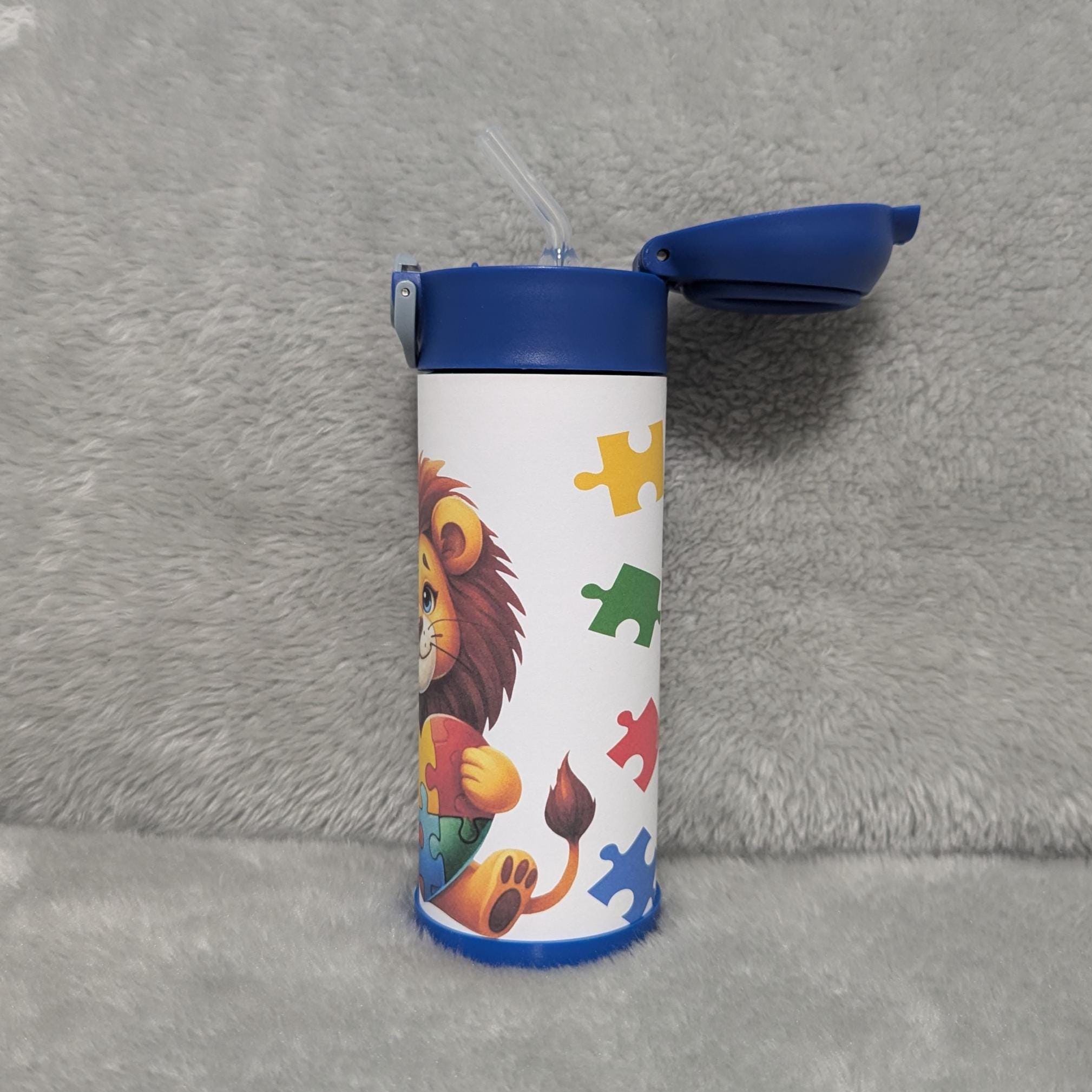 Kids Autism Lion Water Bottle Tumbler 12oz With Reusable Straw, Can Be Personalized
