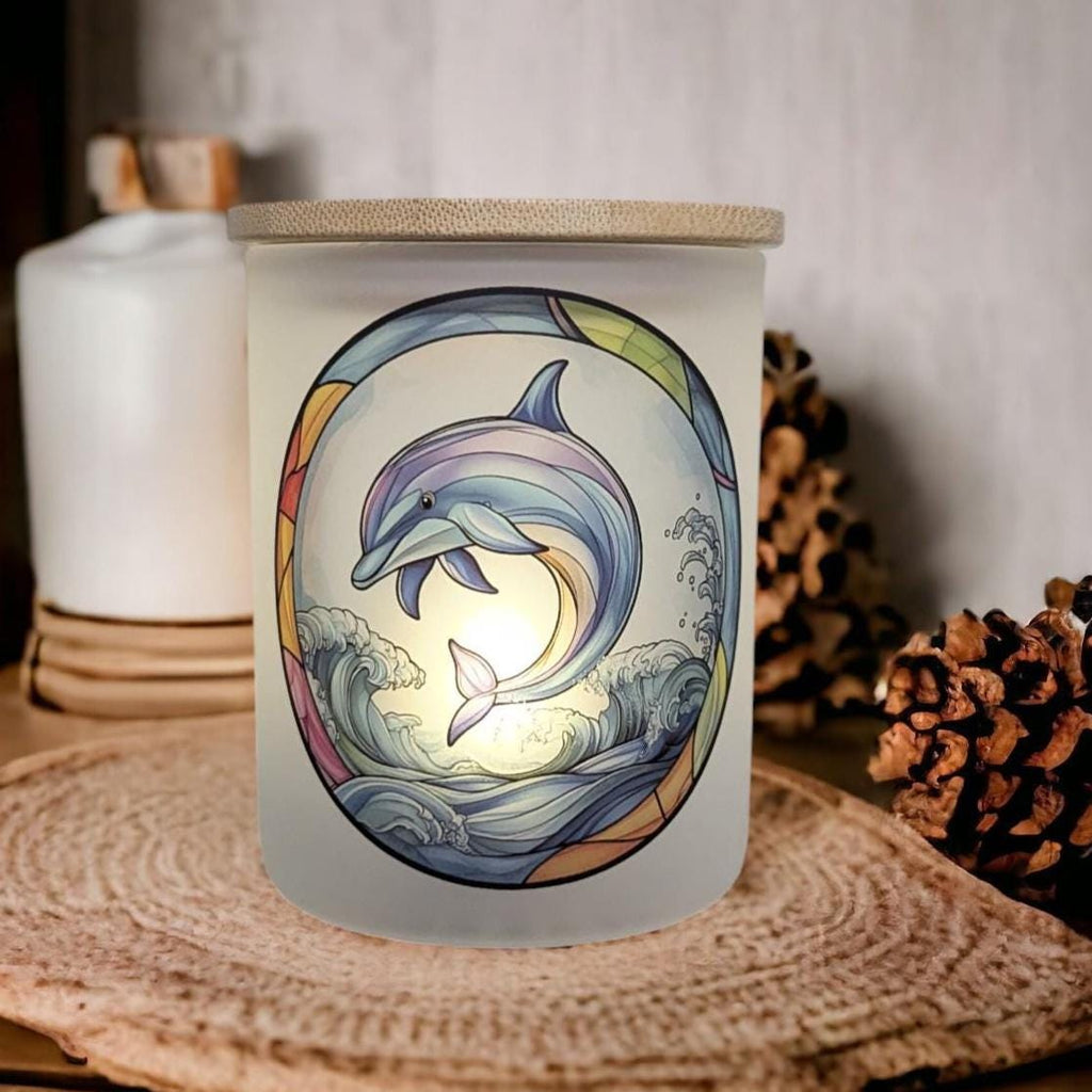 Dolphin With A Stained Glass Design Candle Holder - Includes A Battery Operated Flickering Tea Light