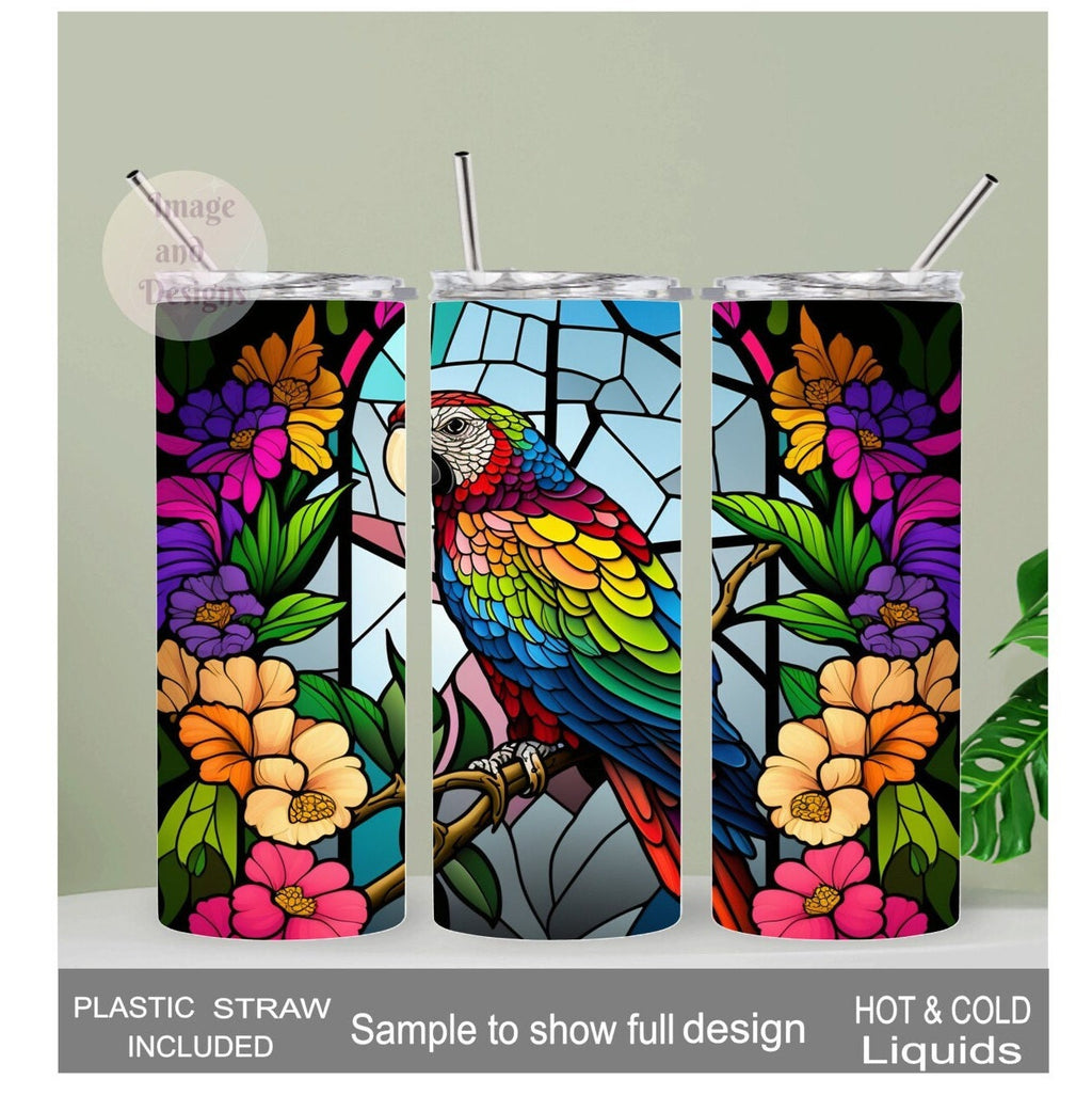 Colorful Parrot Tumbler With A Stained Glass Design 20oz With Reusable Straw, Can Be Personalized