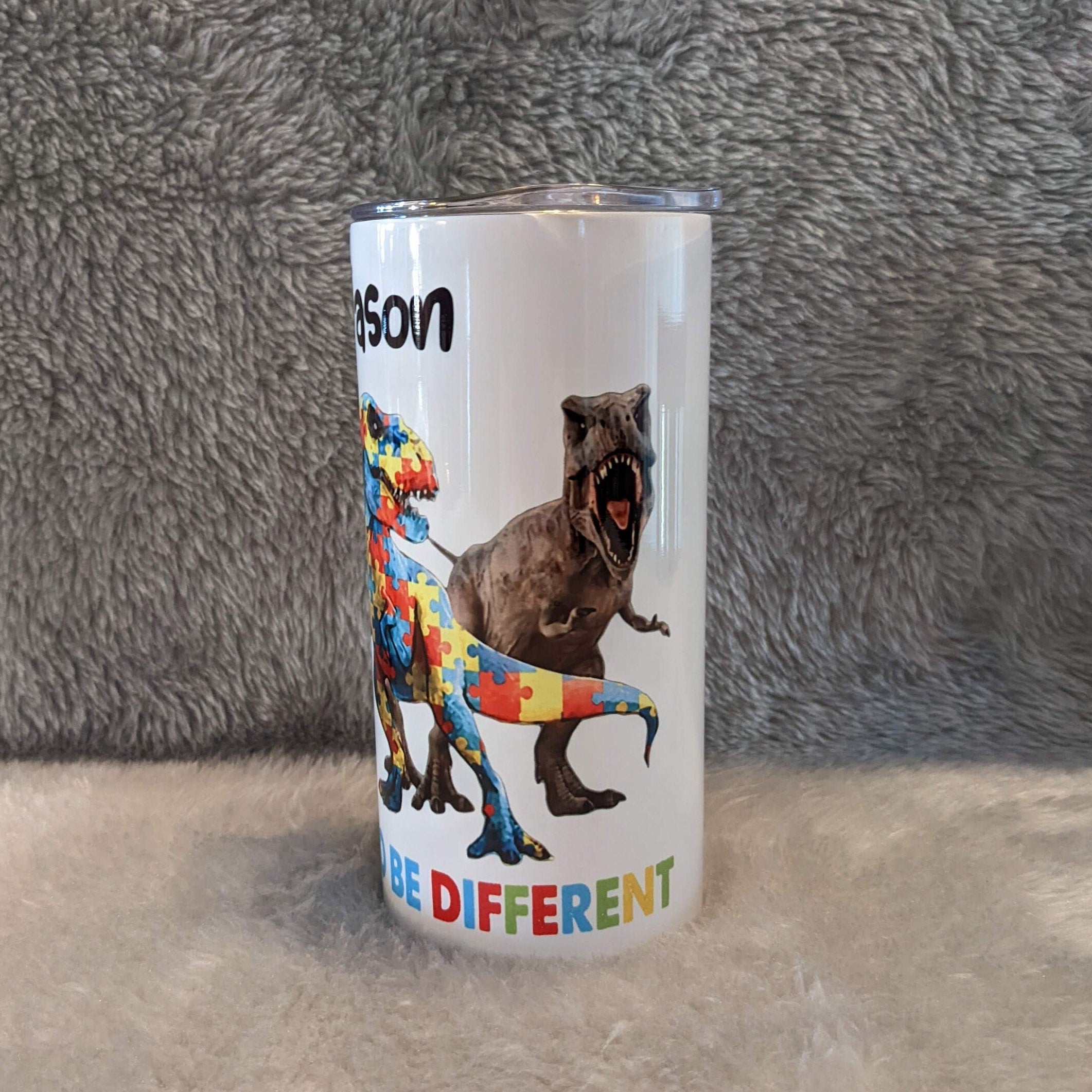It's Okay To Be Different Kids Autism Dinosaur Tumbler 15oz With Reusable Straw, Can Be Personalized
