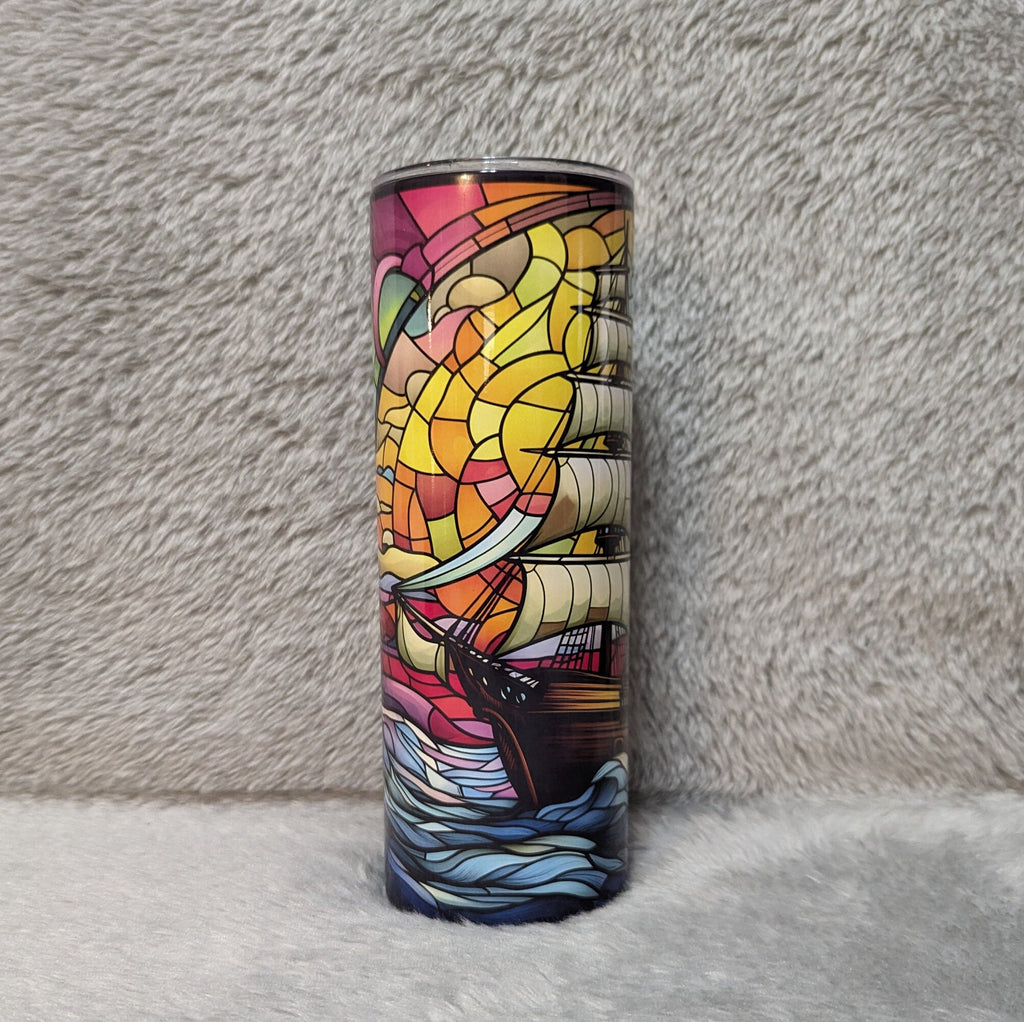 Sailboat Ship Tumbler with Stained Glass Design, 20oz With Reusable Straw
