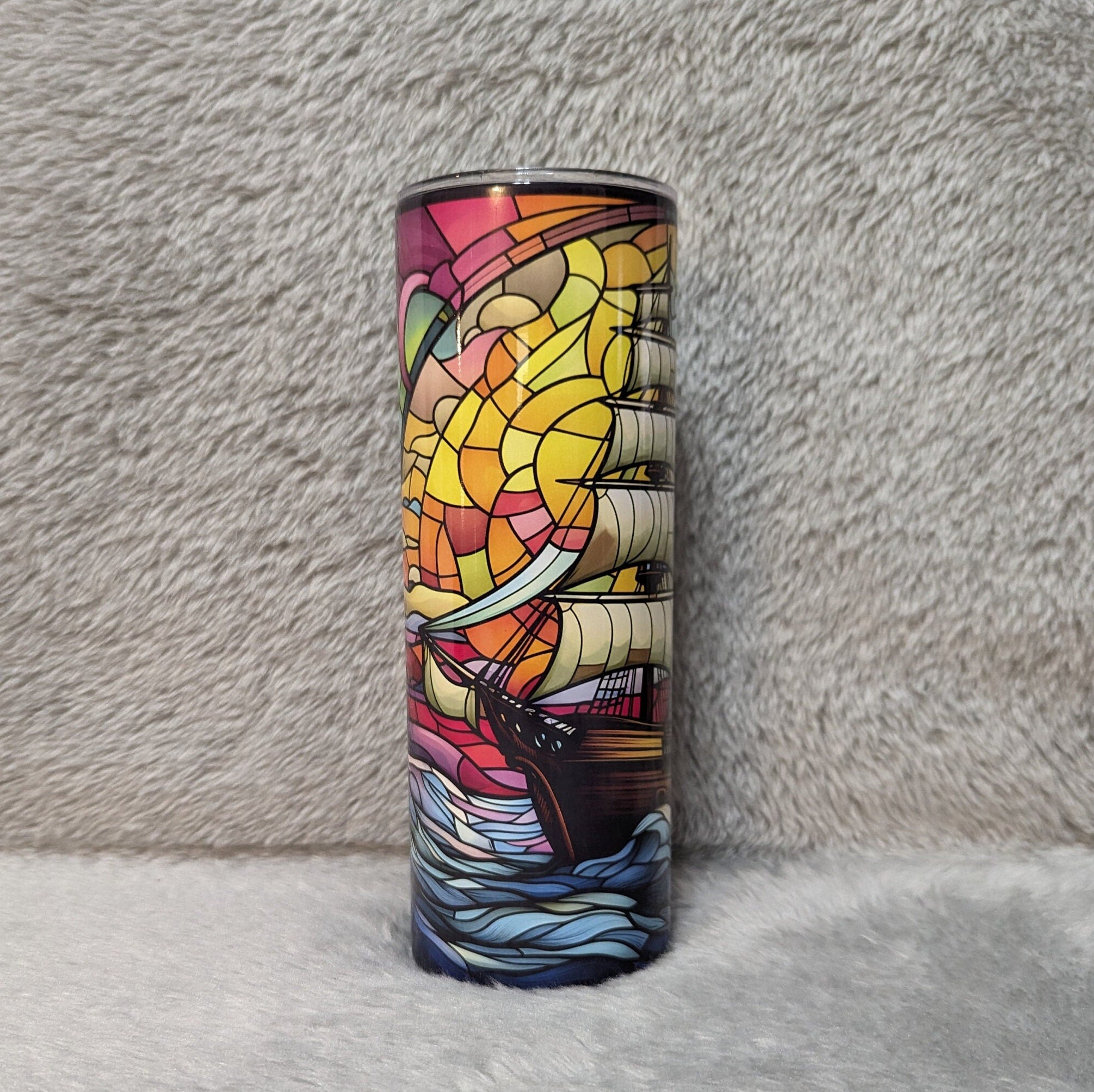 Sailboat Ship Tumbler with Stained Glass Design, 20oz With Reusable Straw