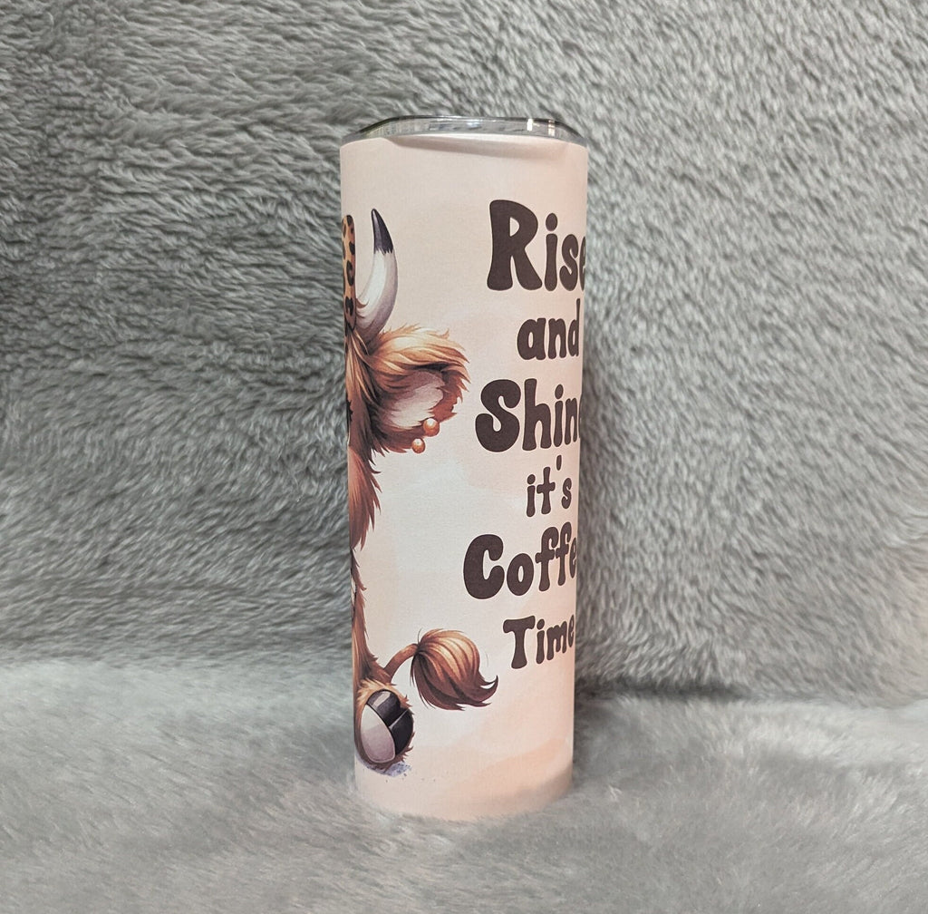Rise and Shine It's Coffee Time Highland Cow Tumbler 20oz With Reusable Straw, Can Be Personalized