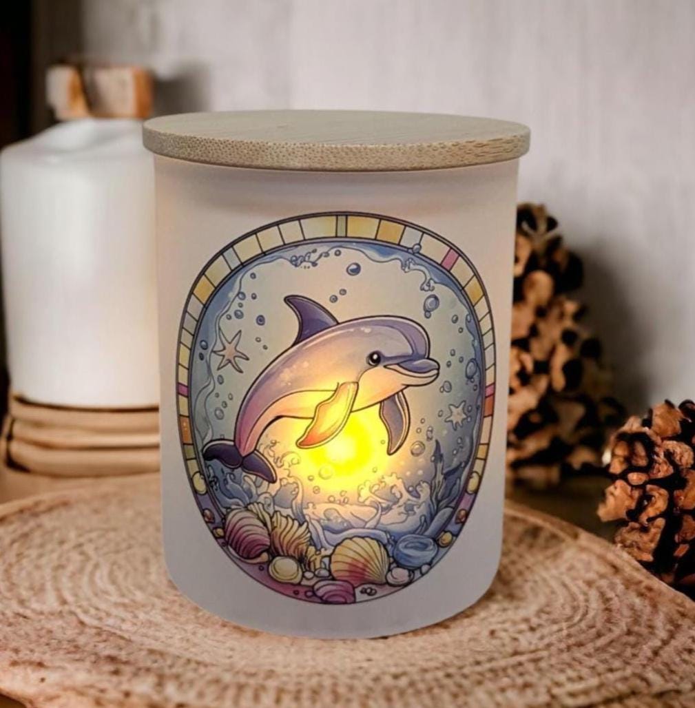 Dolphin With A Stained Glass Design Candle Holder - Includes A Battery Operated Flickering Tea Light