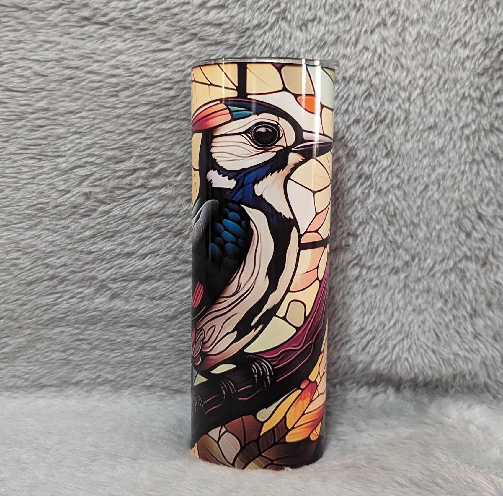 Woodpecker Stained Glass Design Tumbler 20oz With Reusable Straw, Can Be Personalized