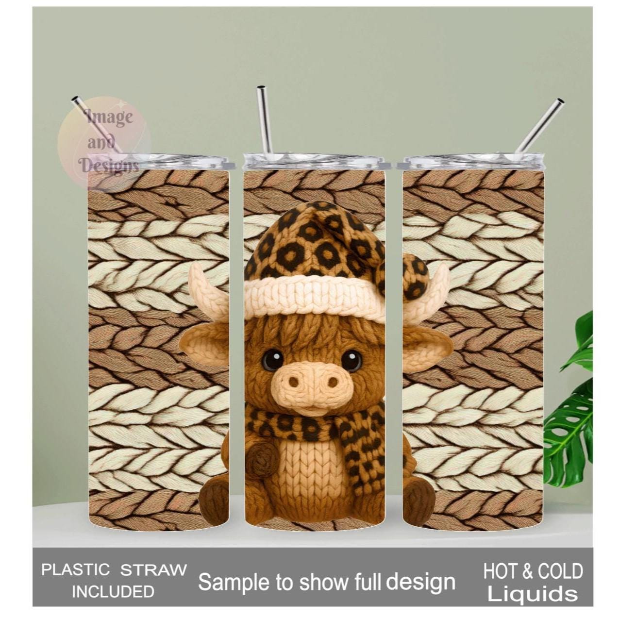 Crochet Design Highland Cow With A Leopard Print Tumbler 20oz With Reusable Straw, Can Be Personalized