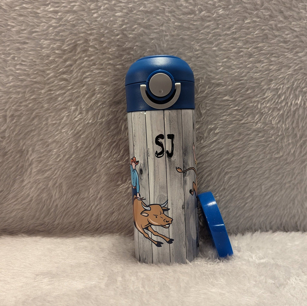 Kids Bull Riding Water Bottle 12oz With Reusable Straw Can Be Personalized