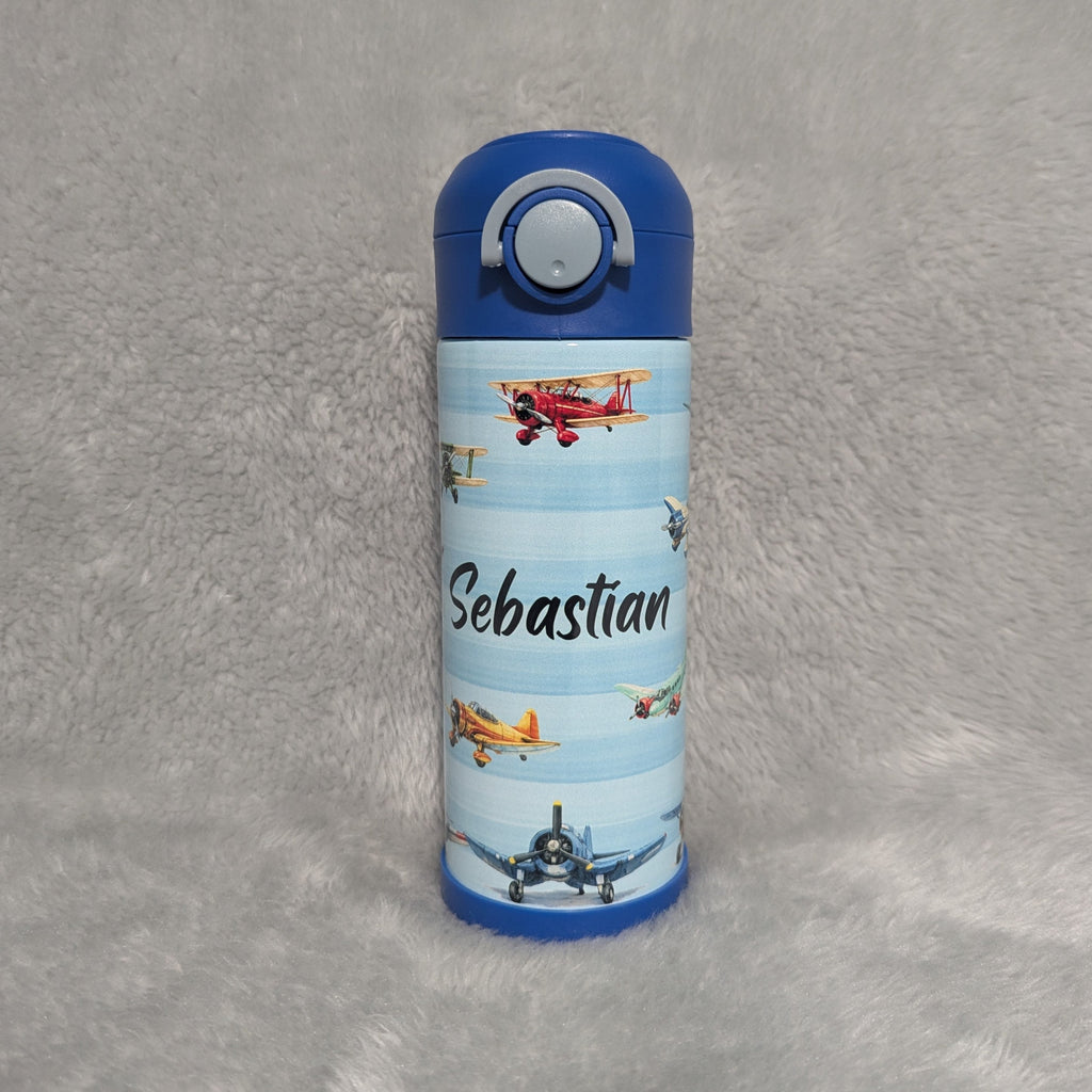 Kids Airplane Water Bottle 12oz With A Reusable Straw, Can Be Personalized