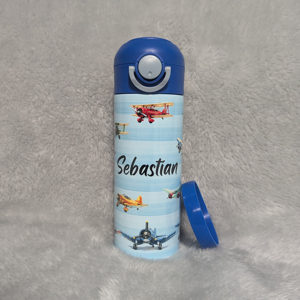 Kids Airplane Water Bottle 12oz With A Reusable Straw, Can Be Personalized