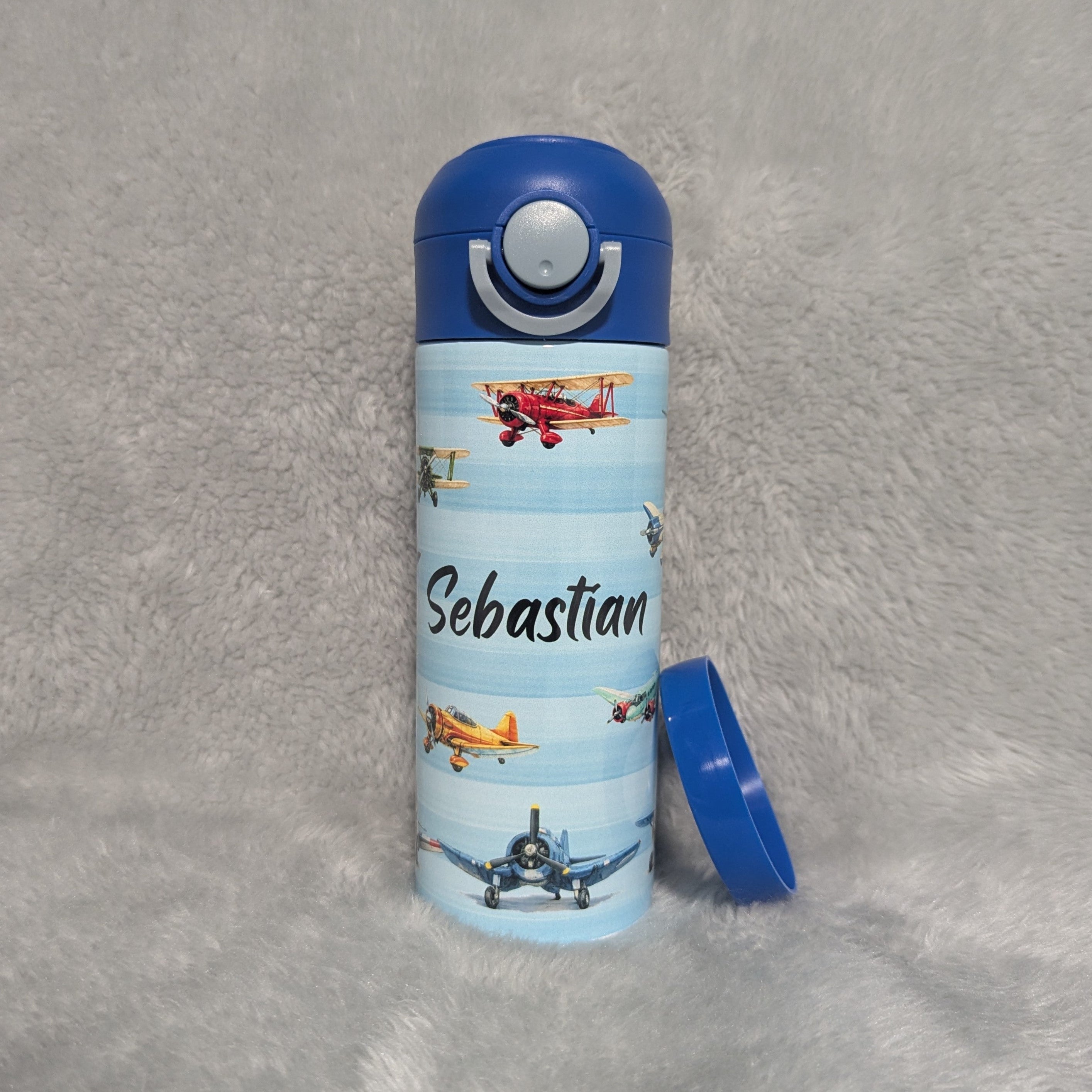 Kids Airplane Water Bottle 12oz With A Reusable Straw, Can Be Personalized