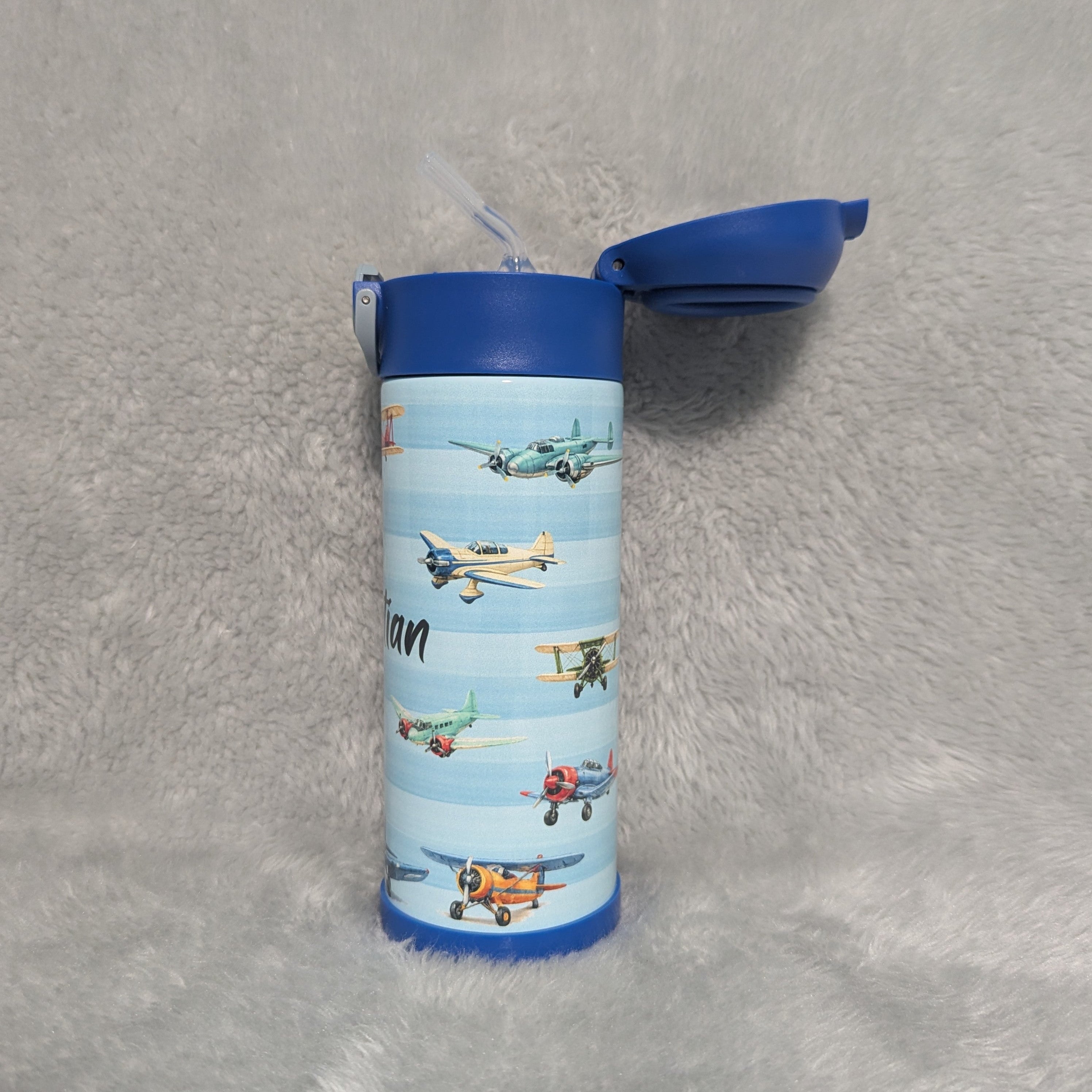 Kids Airplane Water Bottle 12oz With A Reusable Straw, Can Be Personalized