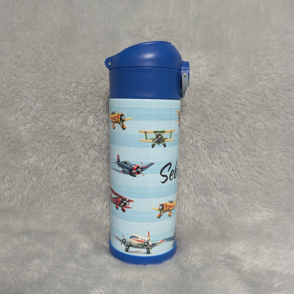 Kids Airplane Water Bottle 12oz With A Reusable Straw, Can Be Personalized