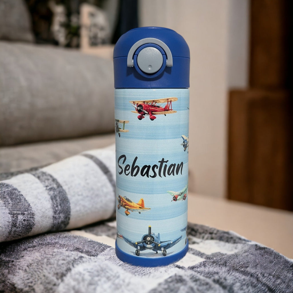 Kids Airplane Water Bottle 12oz With A Reusable Straw, Can Be Personalized