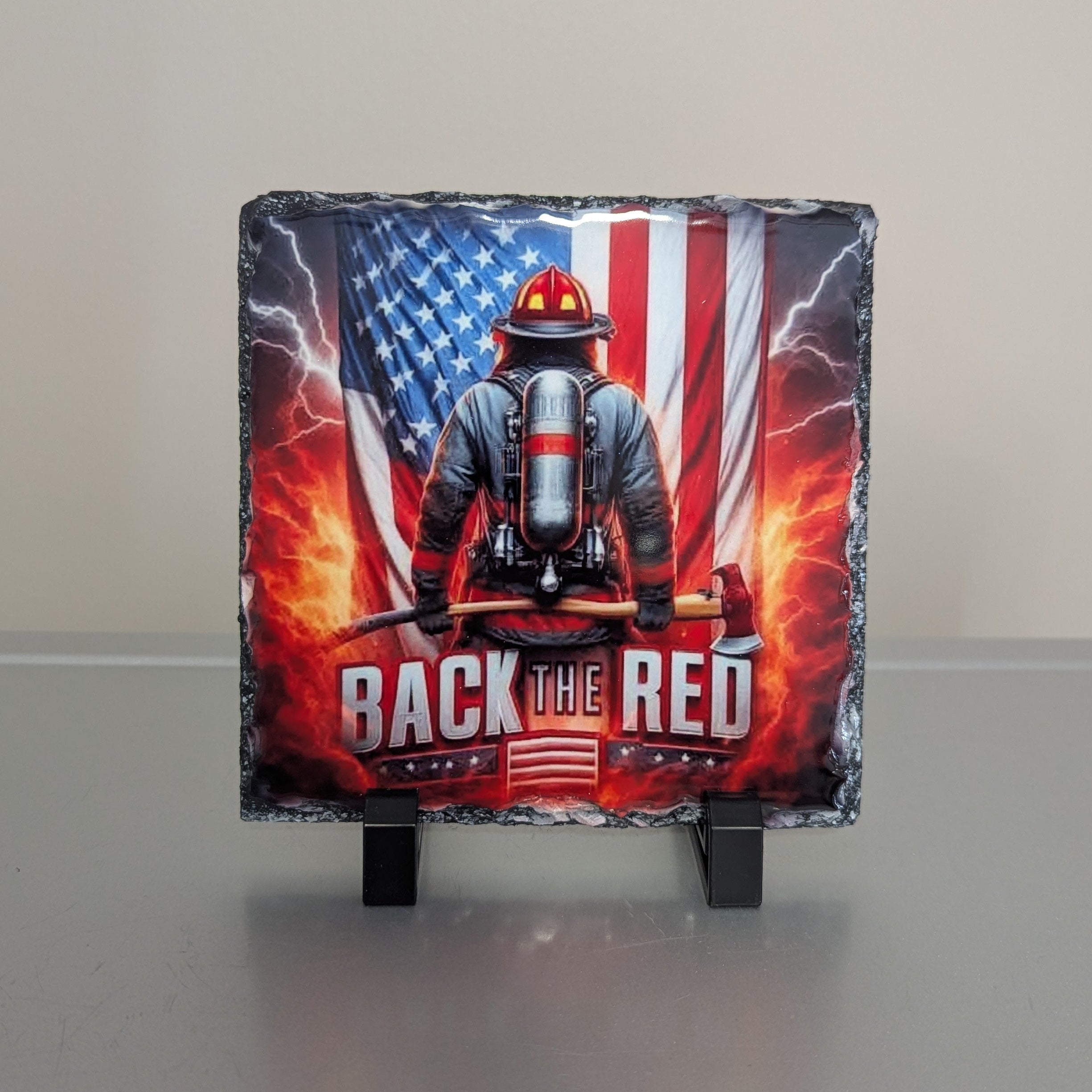 Back The Red Fireman Slate Picture with Display Legs