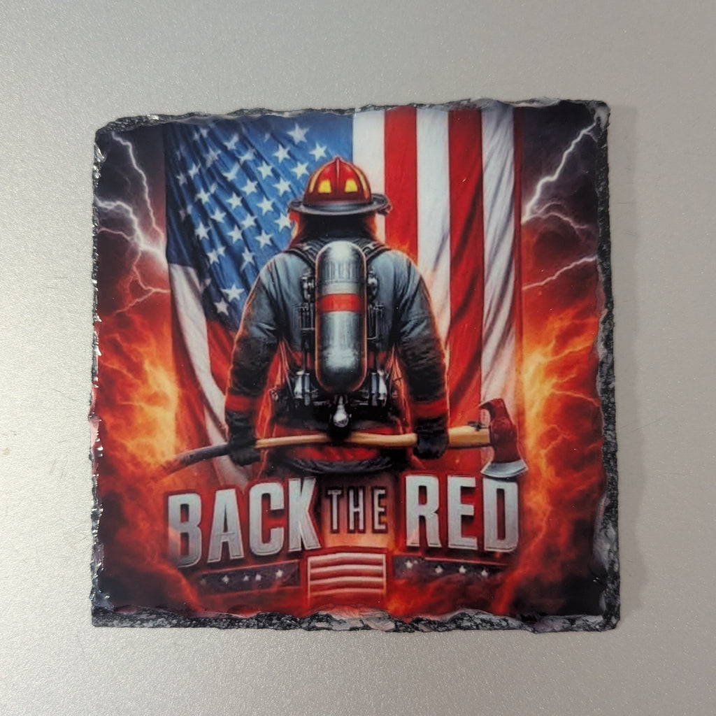 Back The Red Fireman Slate Picture with Display Legs