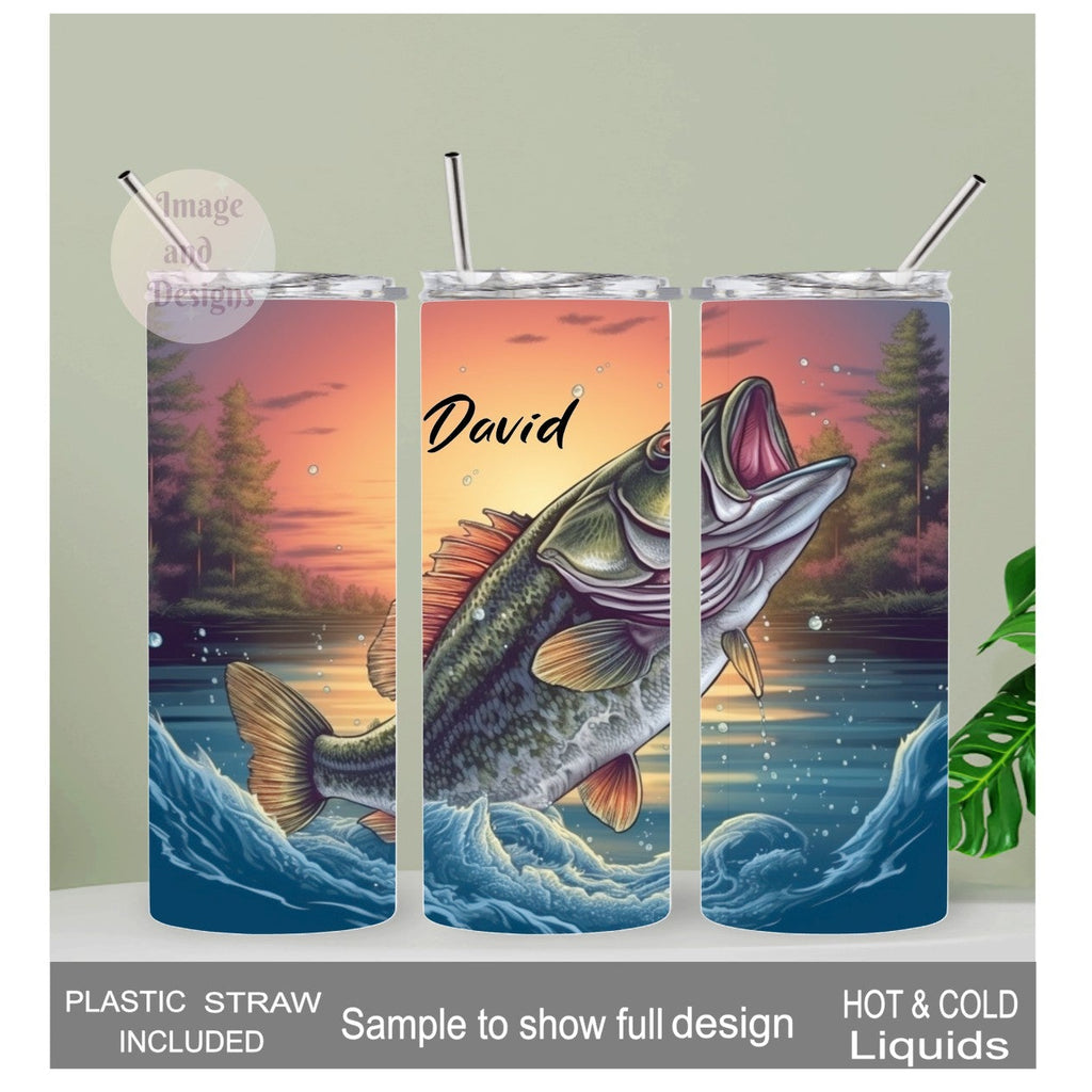 Bass Fish Tumbler 20oz With Reusable Straw, Can Be Personalized
