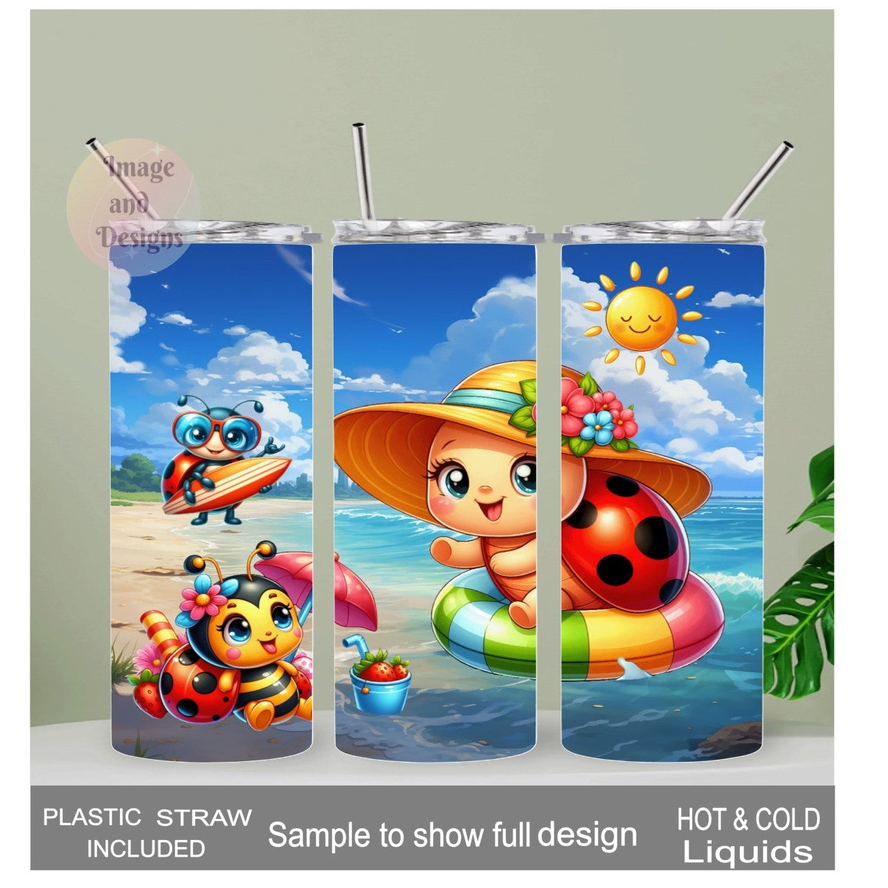 Beach Ladybug Tumbler 20oz With Reusable Straw, Can Be Personalized